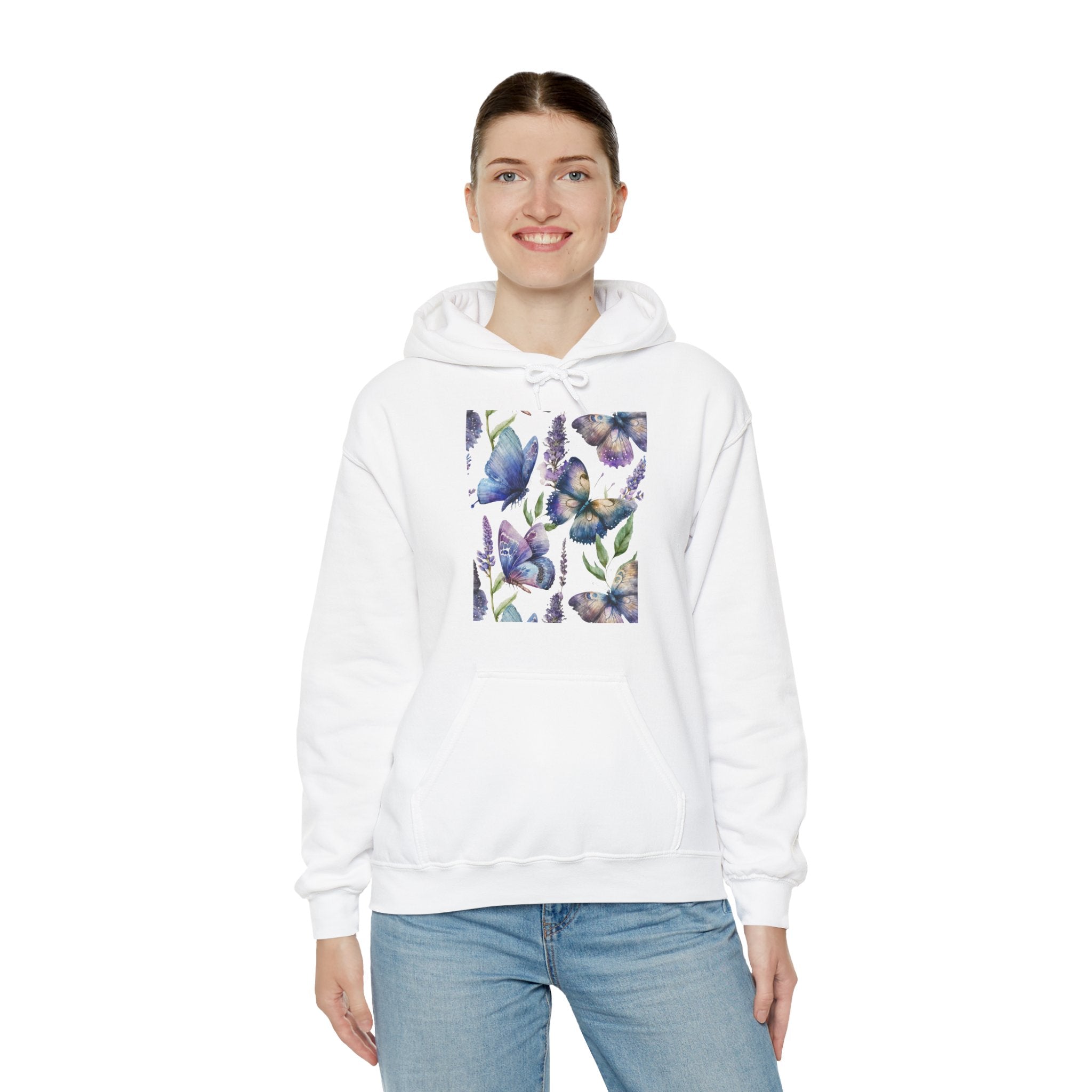 Person wearing a white hoodie with butterfly design on a white background