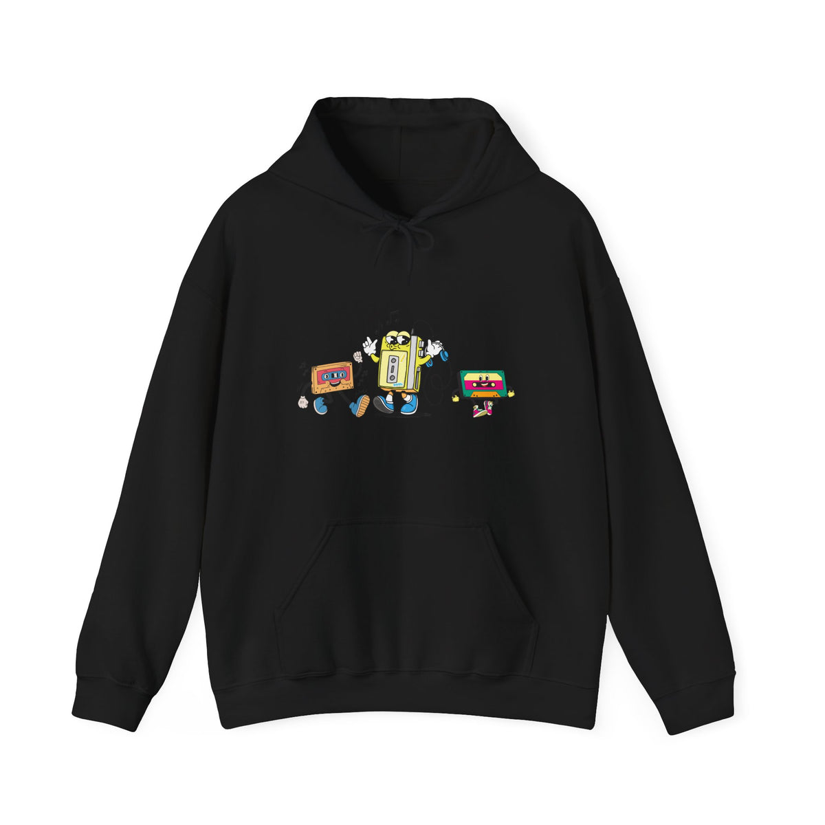 Black hoodie with colorful robot design on a white background
