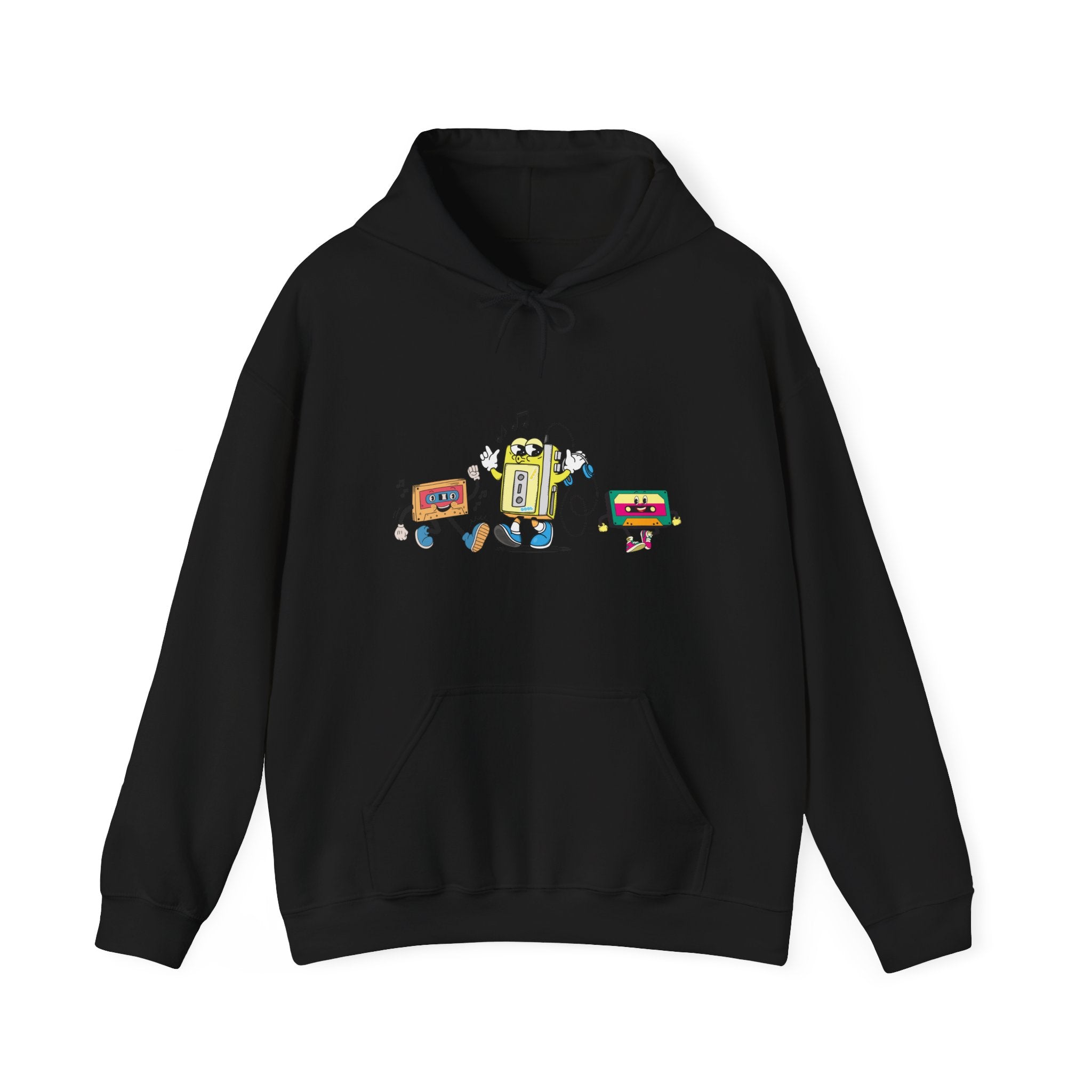 Black hoodie with colorful robot design on a white background
