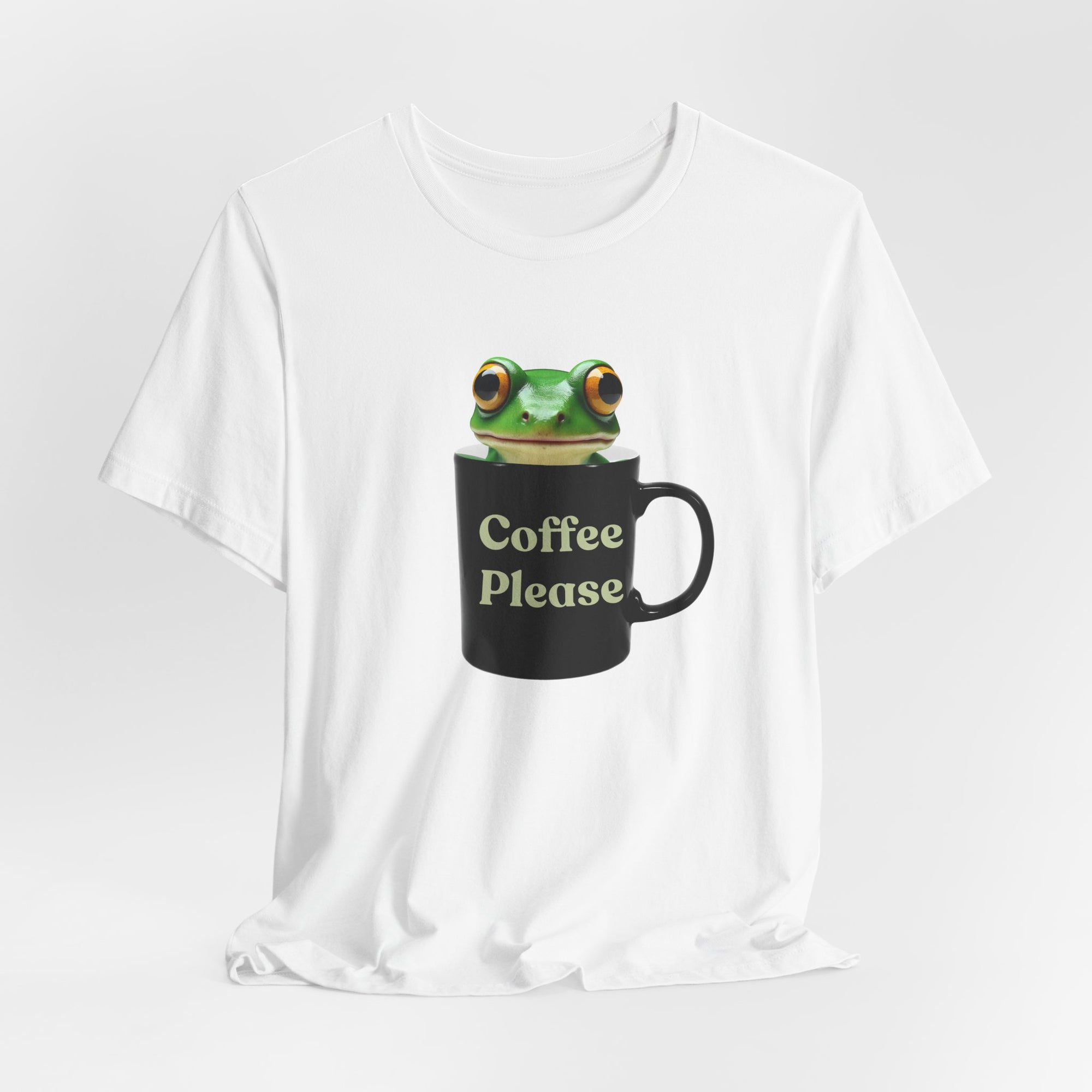 Cute Frog Inside Mug T-Shirt – "Coffee Please" Quote Graphic Tee for Coffee Lovers, Funny Frog with Mug Shirt, Gift for Caffeine Addicts