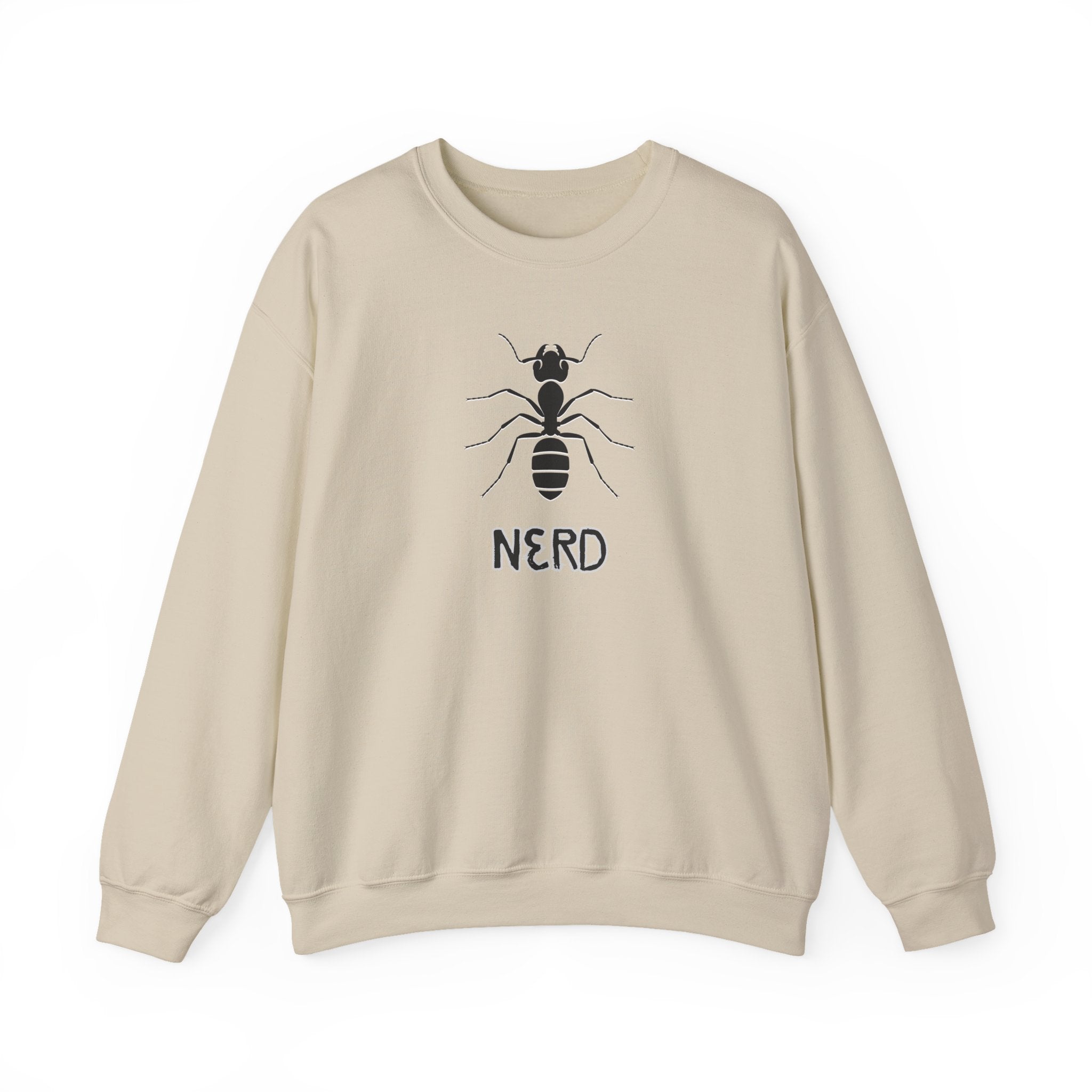 Beige sweatshirt with ant graphic and 'NERD' text on a white background