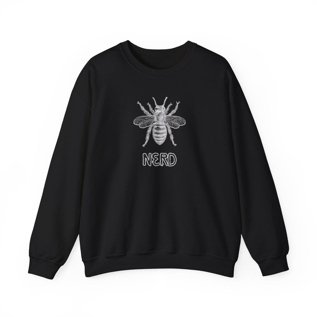 Black sweatshirt with bee graphic and 'NERD' text on a white background