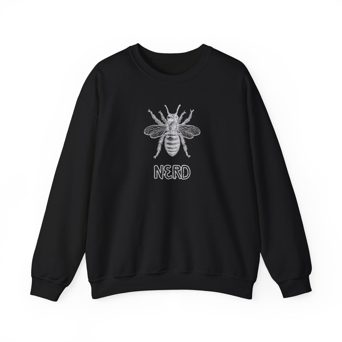 Black sweatshirt with bee graphic and 'NERD' text on a white background