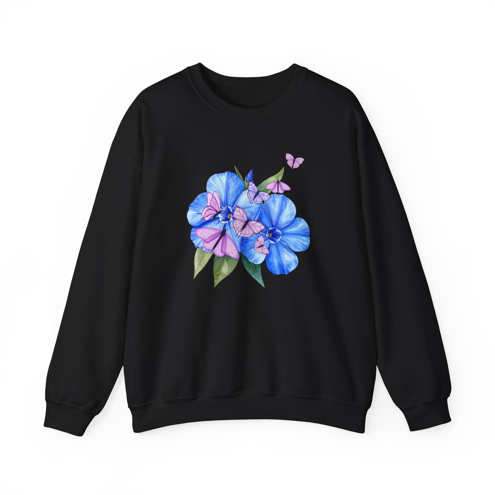 Black sweatshirt with a flower and butterfly design on a white background