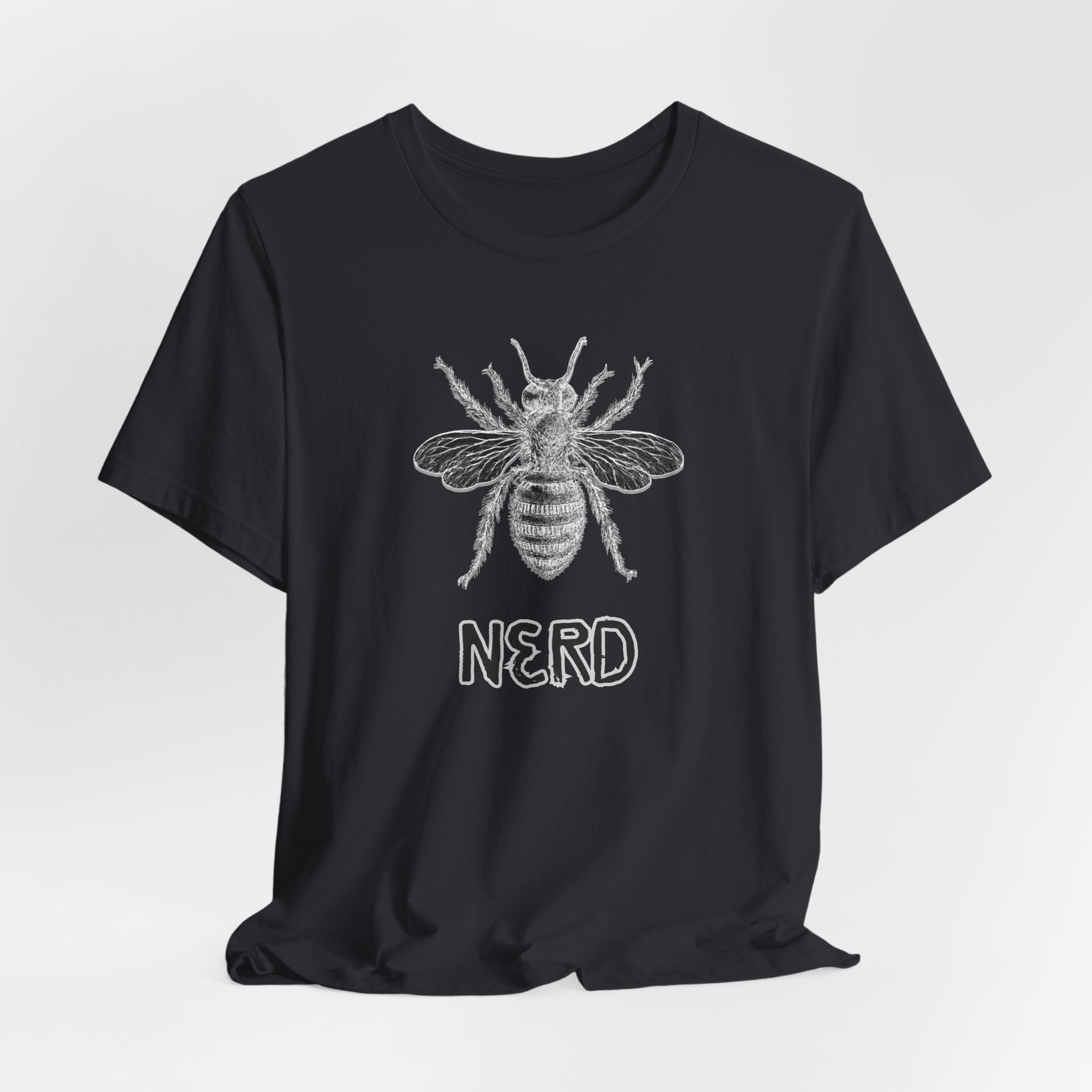 Black t-shirt with bee and 'NERD' text design on a white background