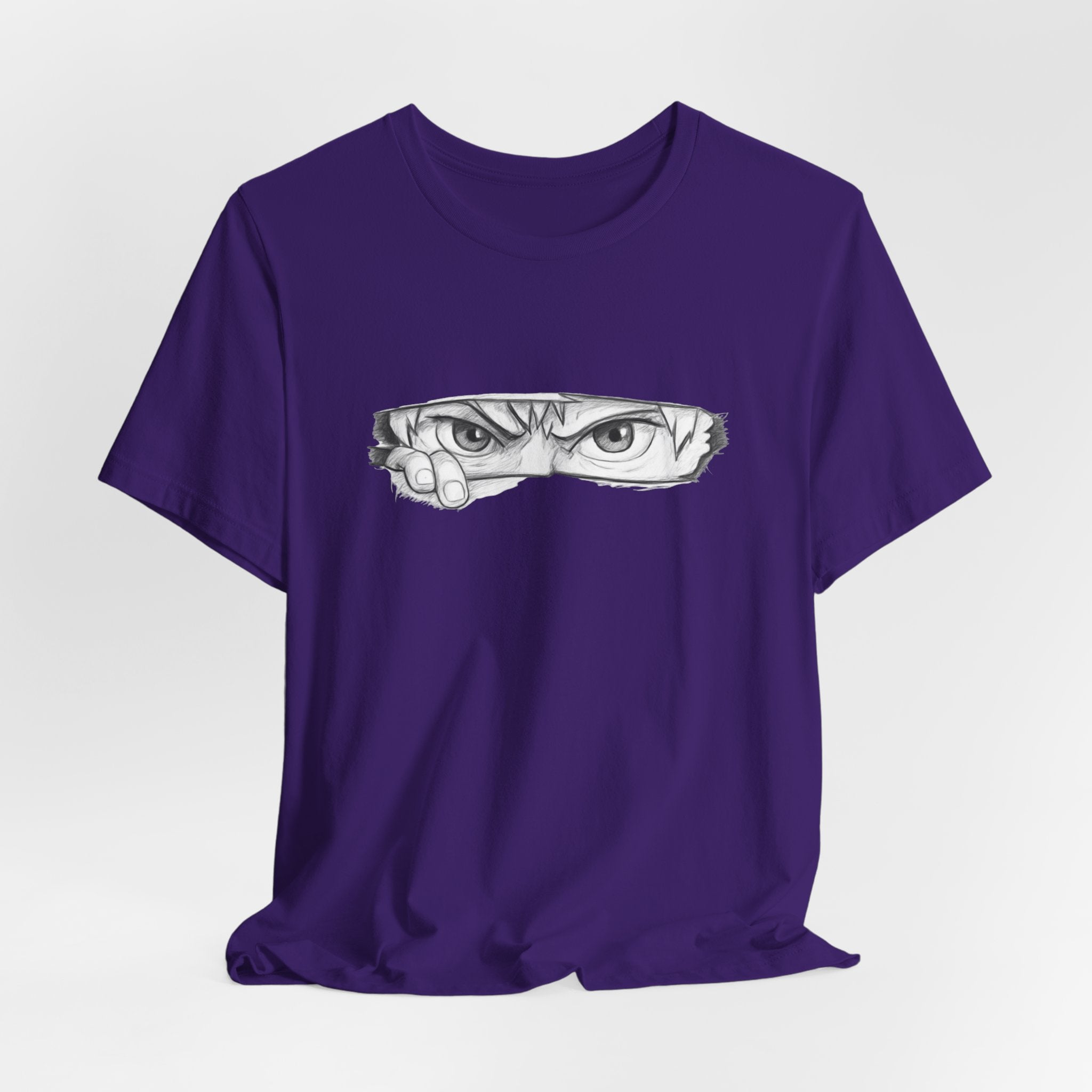 Purple t-shirt with a graphic design of a face on a white background