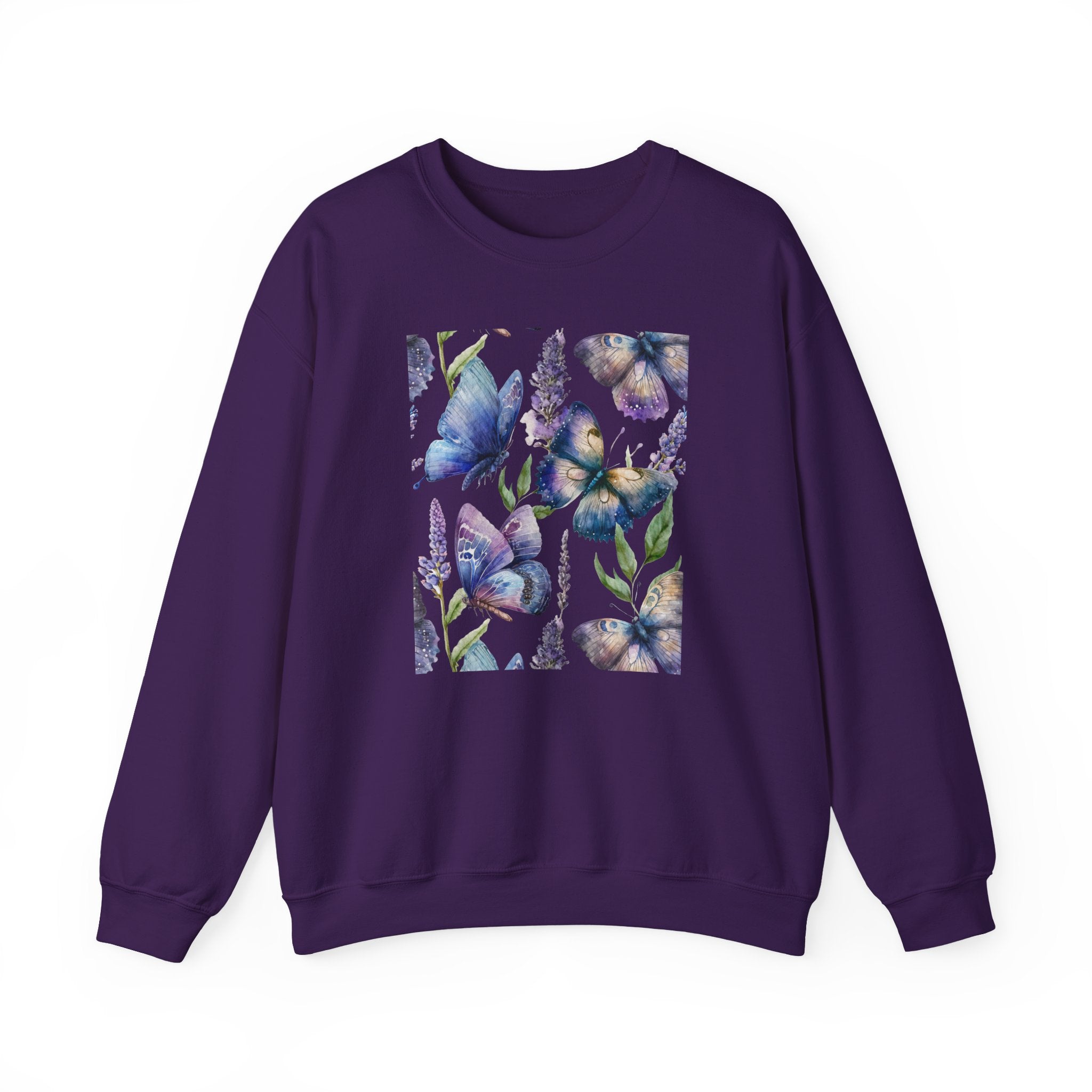 Purple sweatshirt with floral butterfly design on a white background