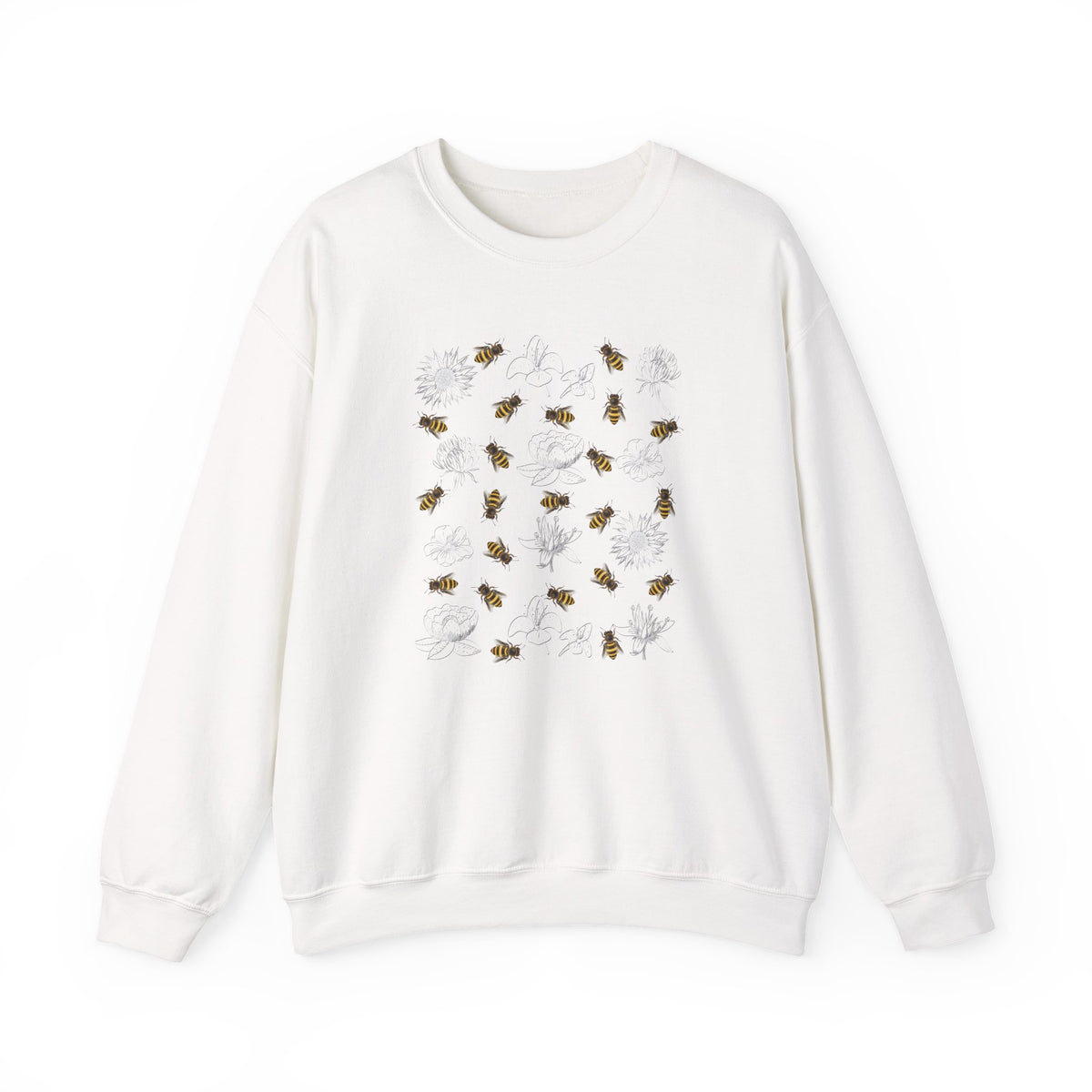 White sweatshirt with bee and flower pattern on a white background