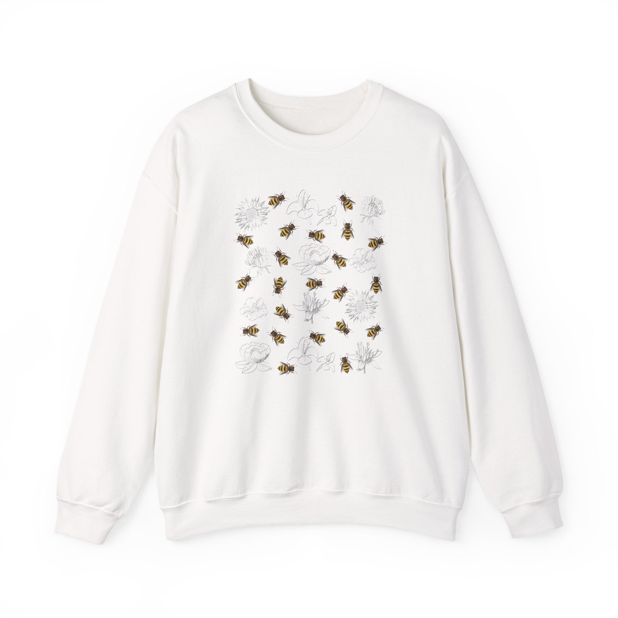 White sweatshirt with bee and flower pattern on a white background