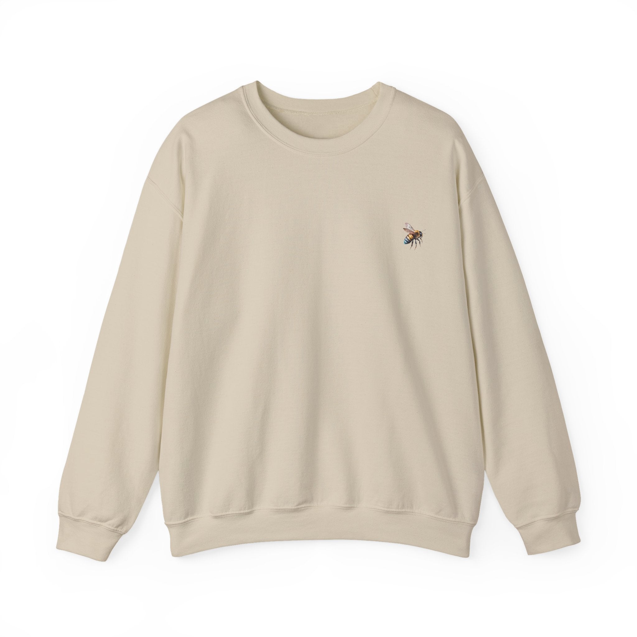 Beige sweatshirt with a small bee logo on a white background