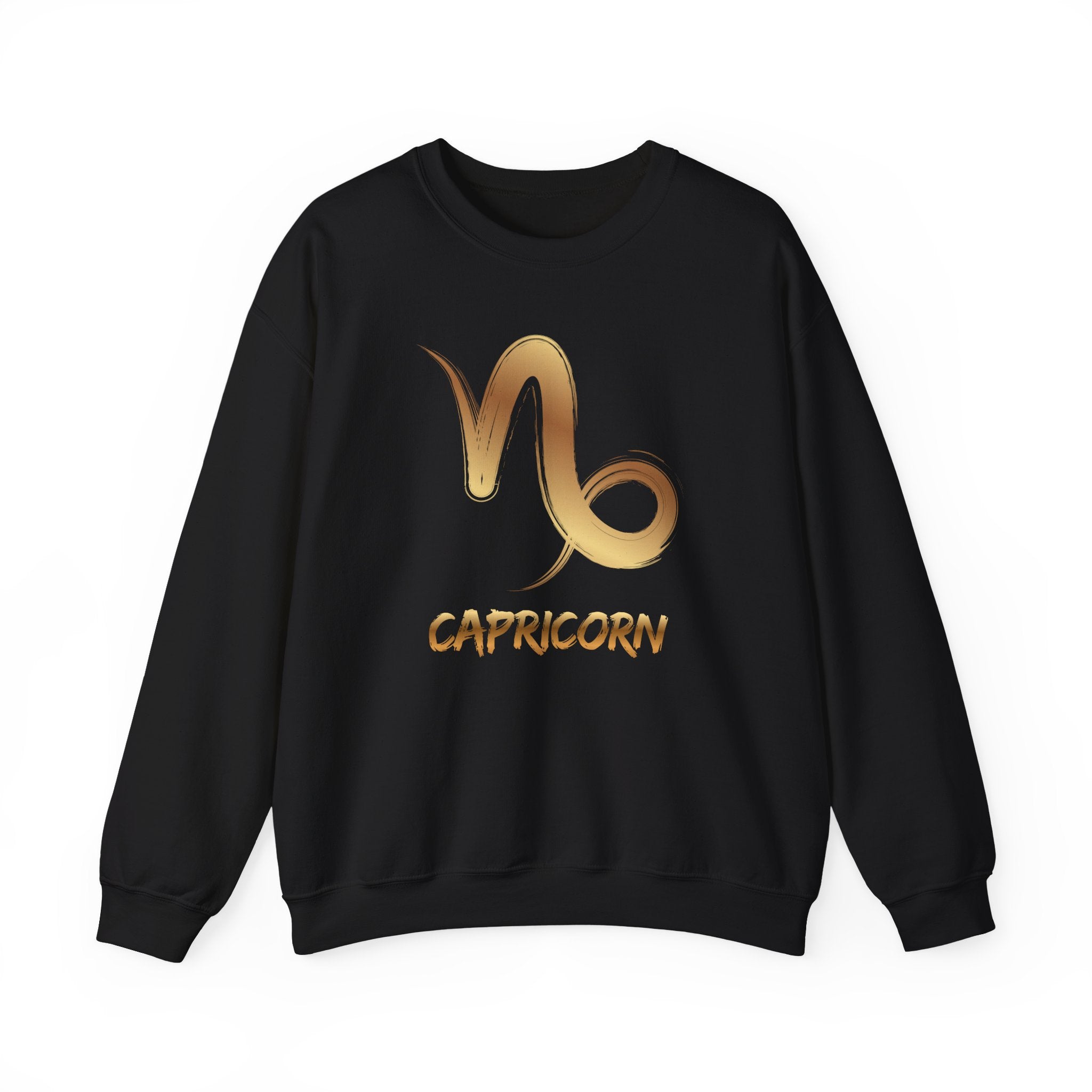 Black sweatshirt with gold Capricorn symbol and text on a white background