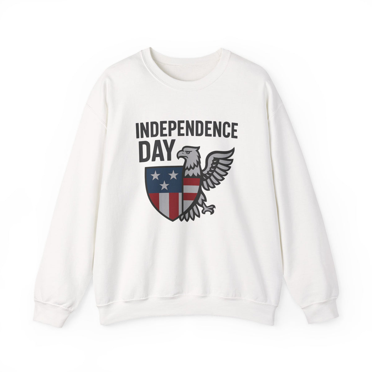 White sweatshirt with 'Independence Day' text and eagle design on a white background
