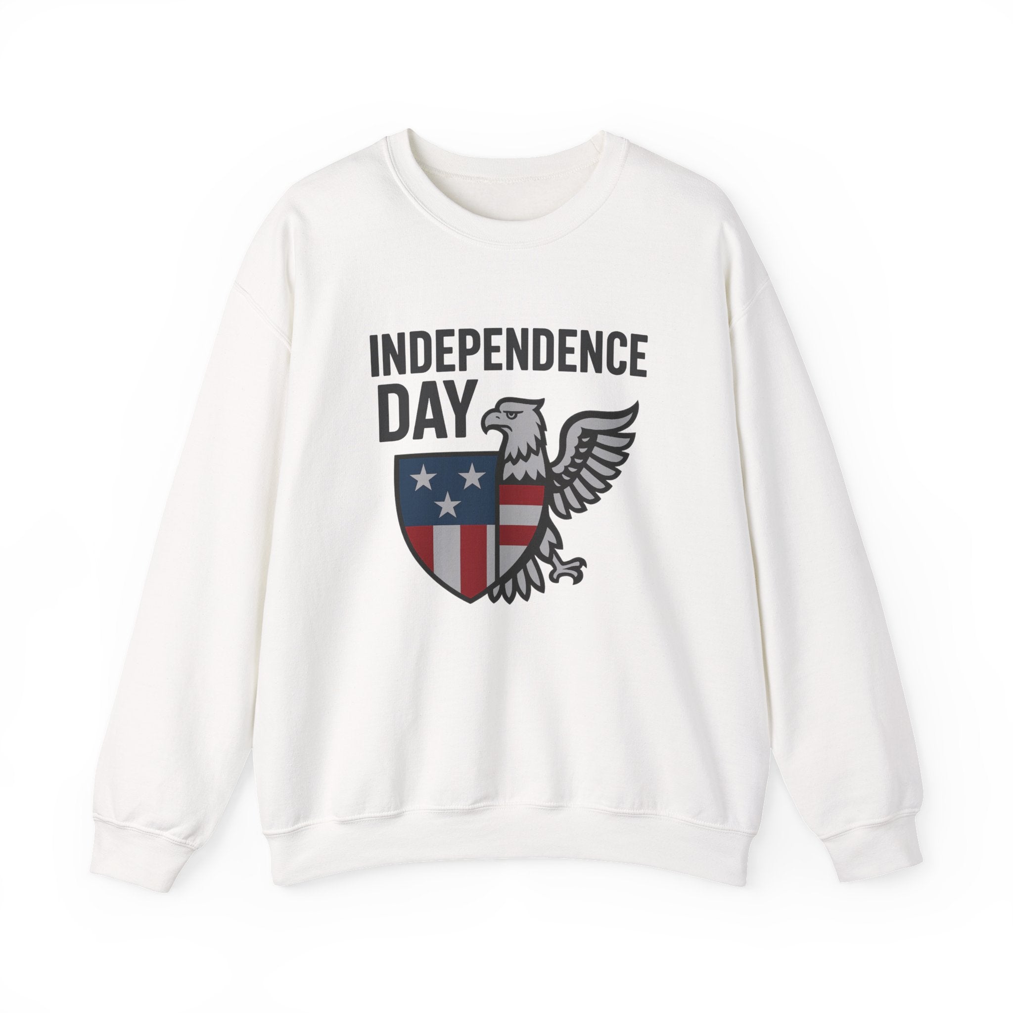 White sweatshirt with 'Independence Day' text and eagle design on a white background