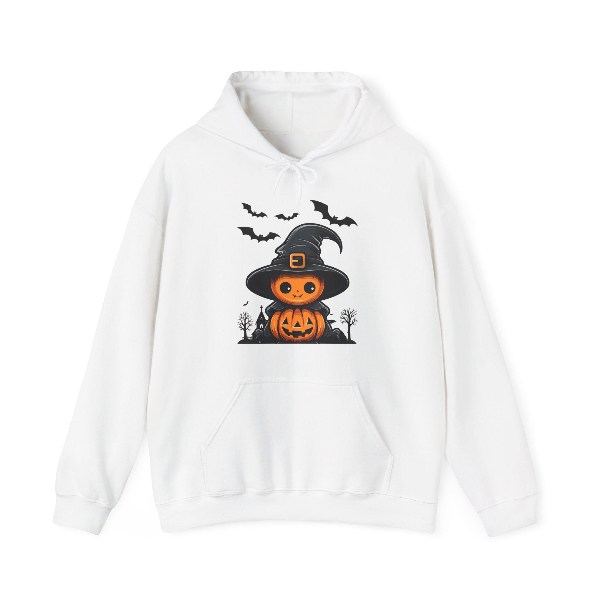 White hoodie with Halloween-themed design featuring a jack-o'-lantern in a witch hat.