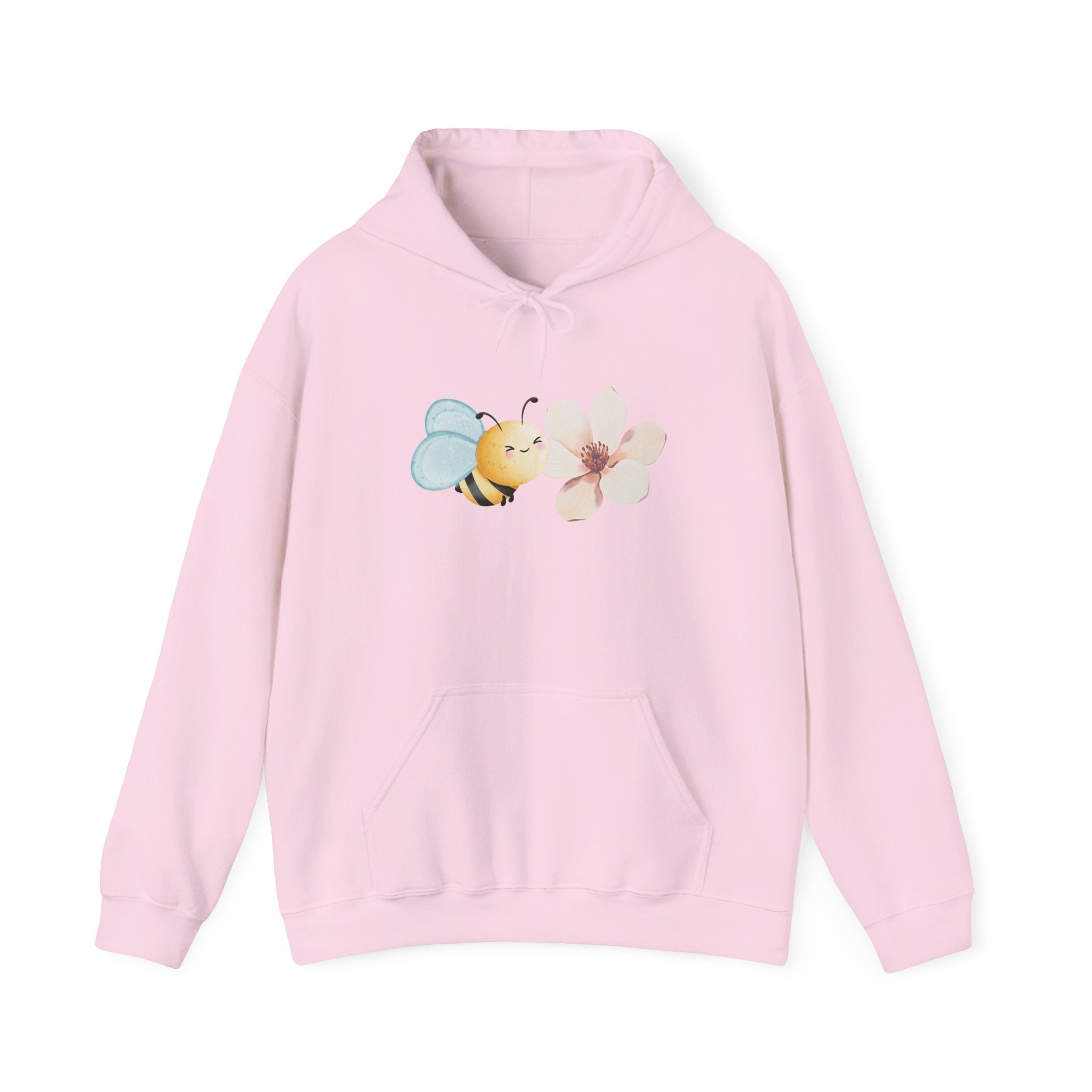 Pink hoodie with a bee and flower graphic on a white background