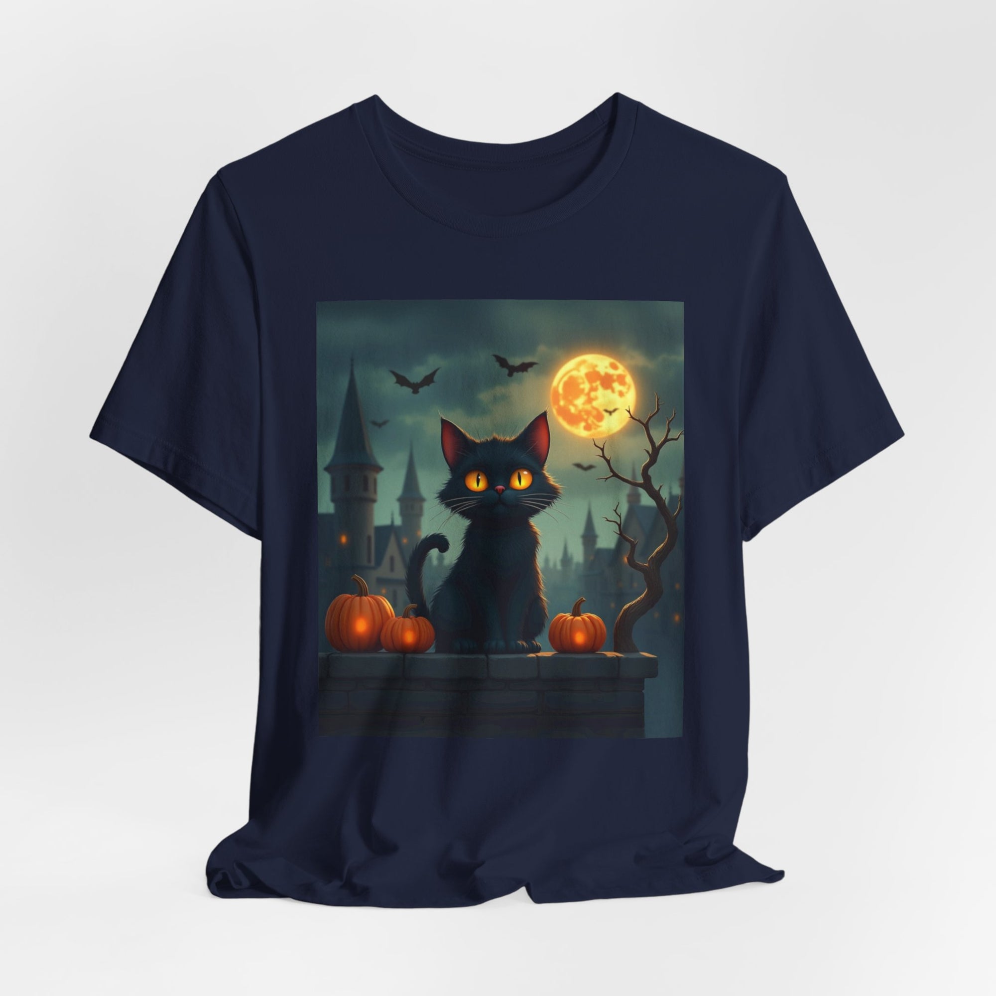 Halloween Cat with Bats and Orange Pumpkins T-shirt for Men and Women