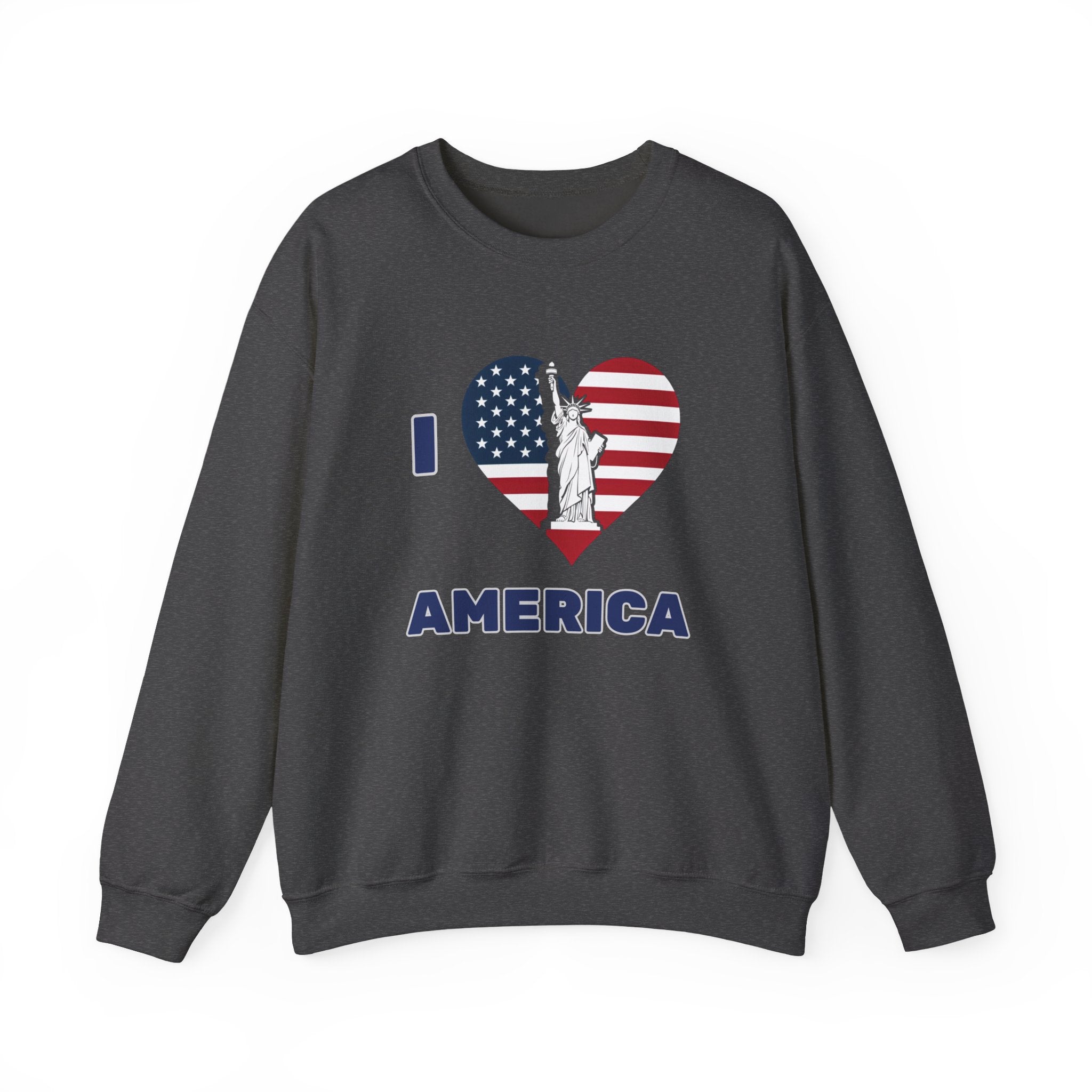 Dark gray sweatshirt with 'I ❤️ AMERICA' design featuring the Statue of Liberty and American flag on a white background.