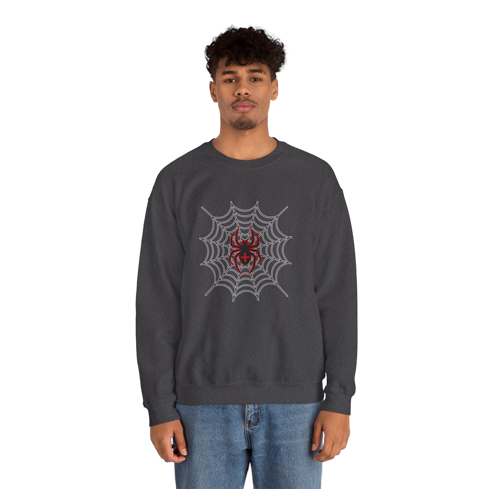 Person wearing a dark gray sweatshirt with a spider web design on a white background