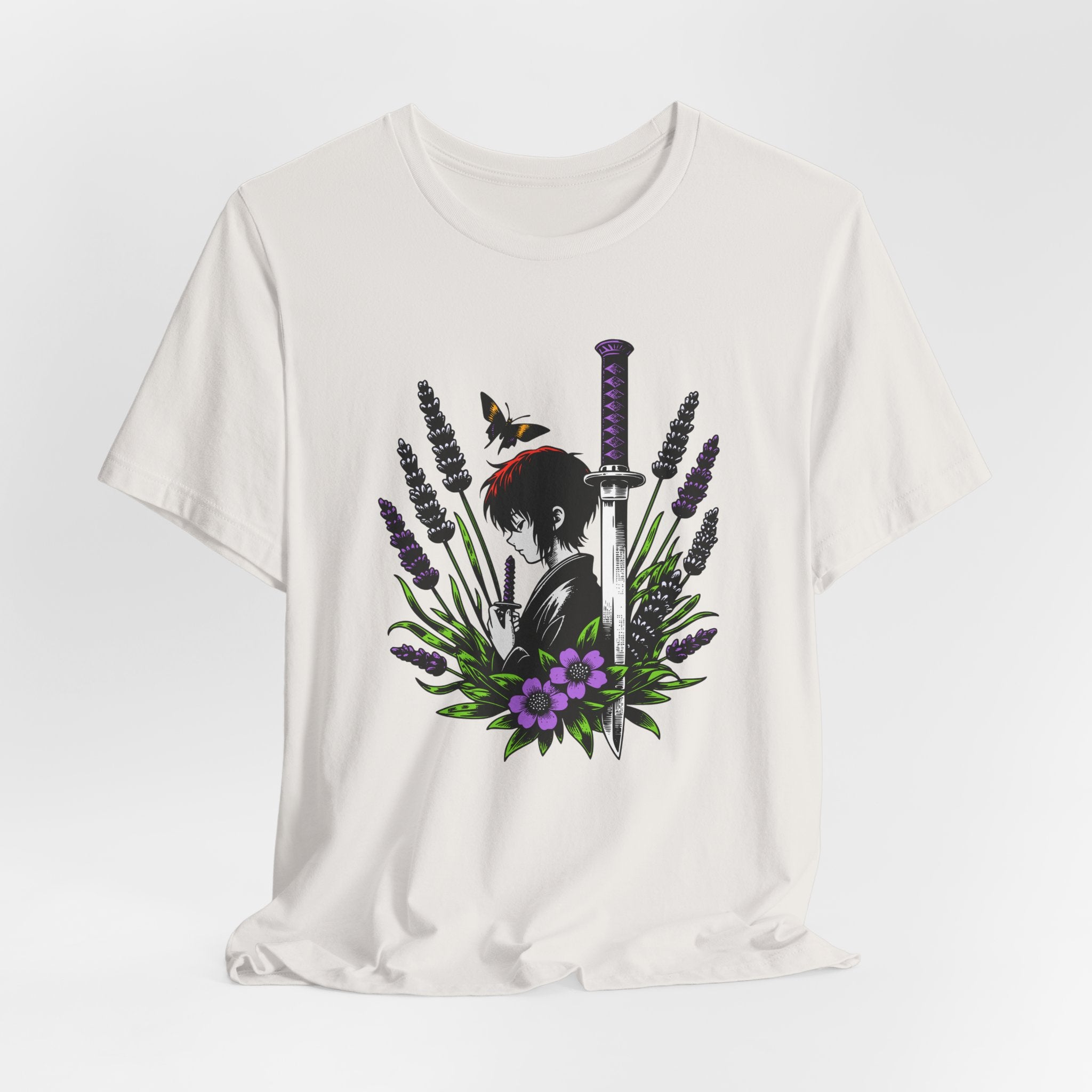 White t-shirt with a graphic design of a character holding a sword among flowers on a white background