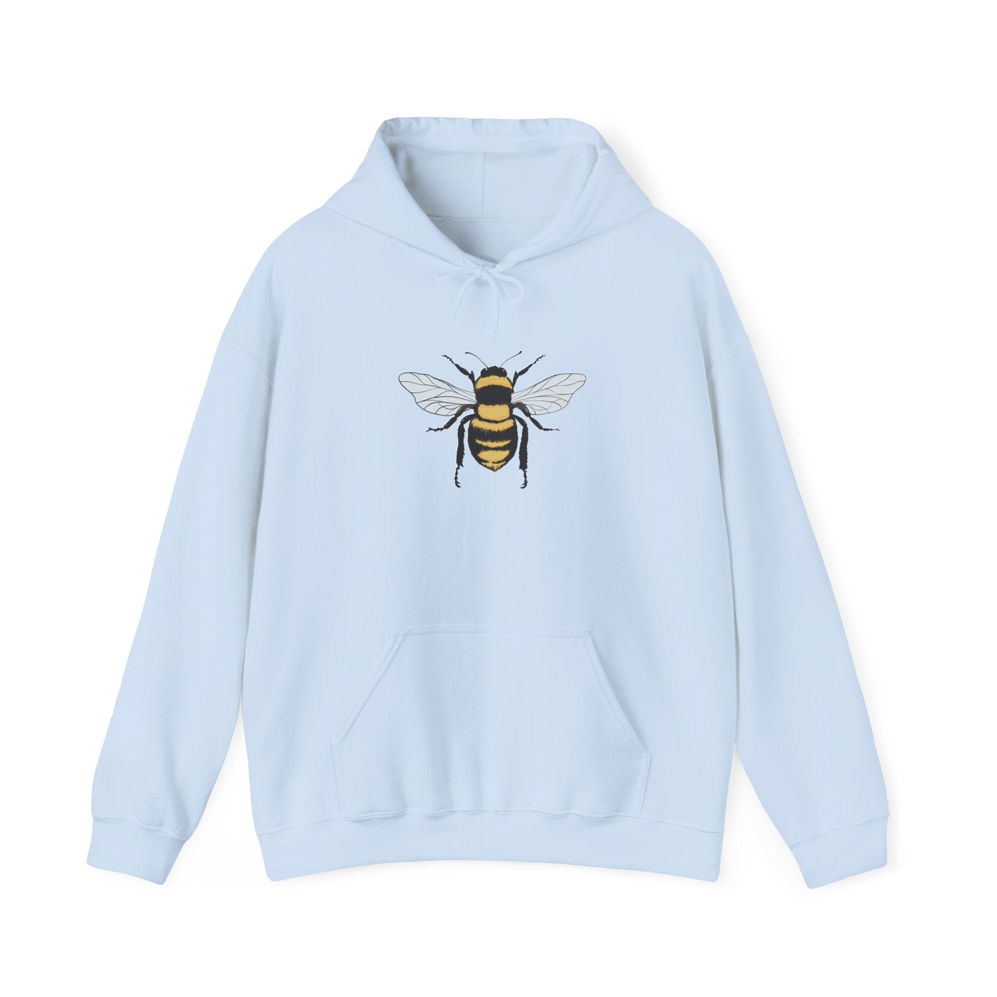 Light blue hoodie with a bee design on a white background
