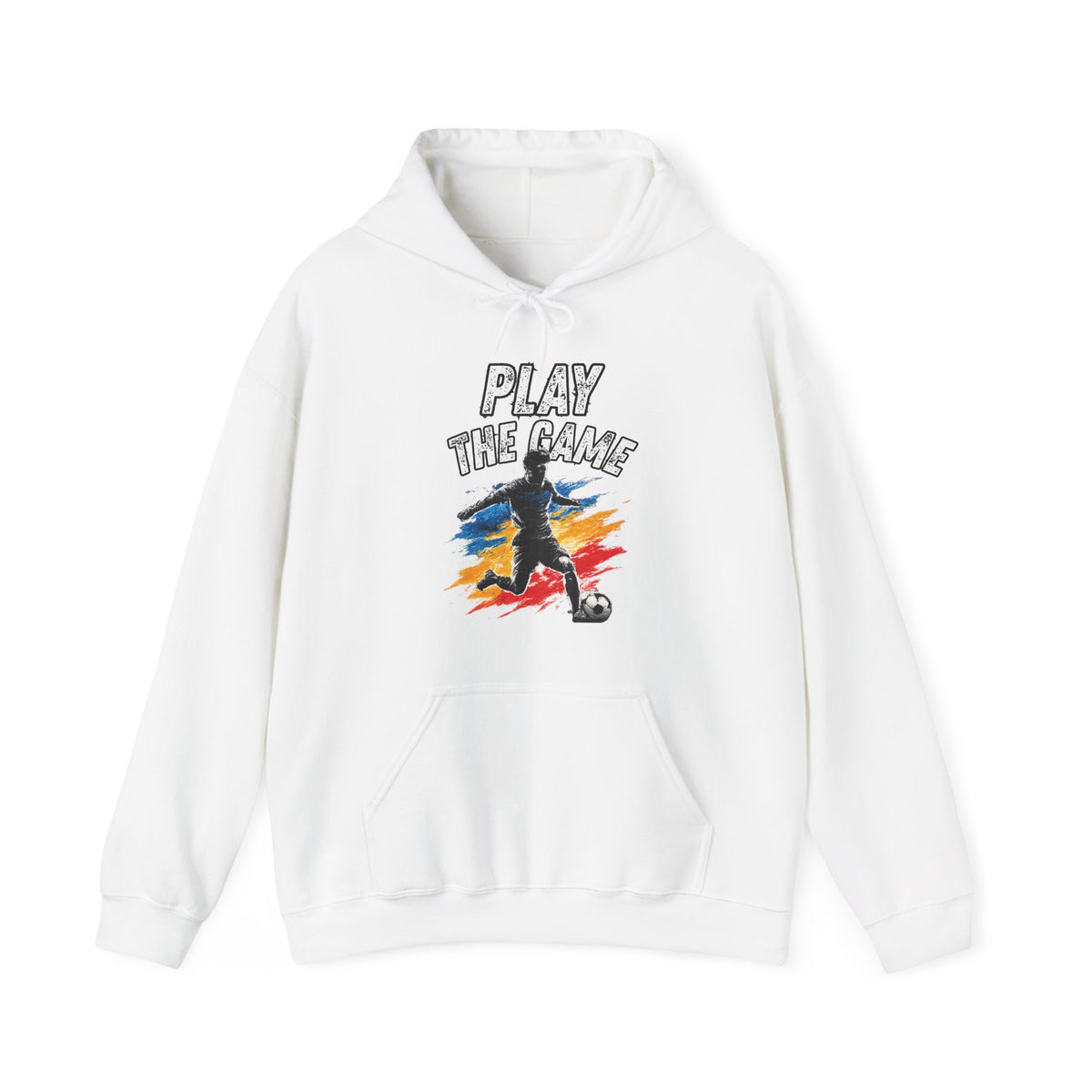 White hoodie featuring a graphic print on the front with the text 'PLAY THE GAME' above a stylized soccer player silhouette over a red, yellow, and blue paint-splatter background.
