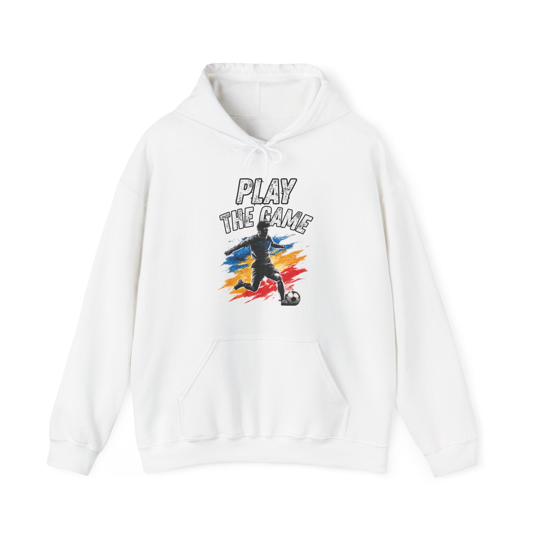 White hoodie featuring a graphic print on the front with the text 'PLAY THE GAME' above a stylized soccer player silhouette over a red, yellow, and blue paint-splatter background.