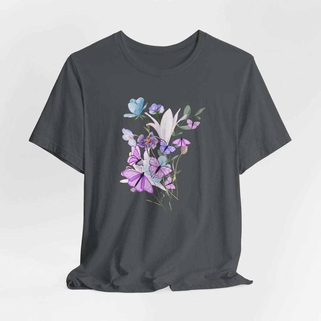 Black t-shirt with a floral design on a light gray background