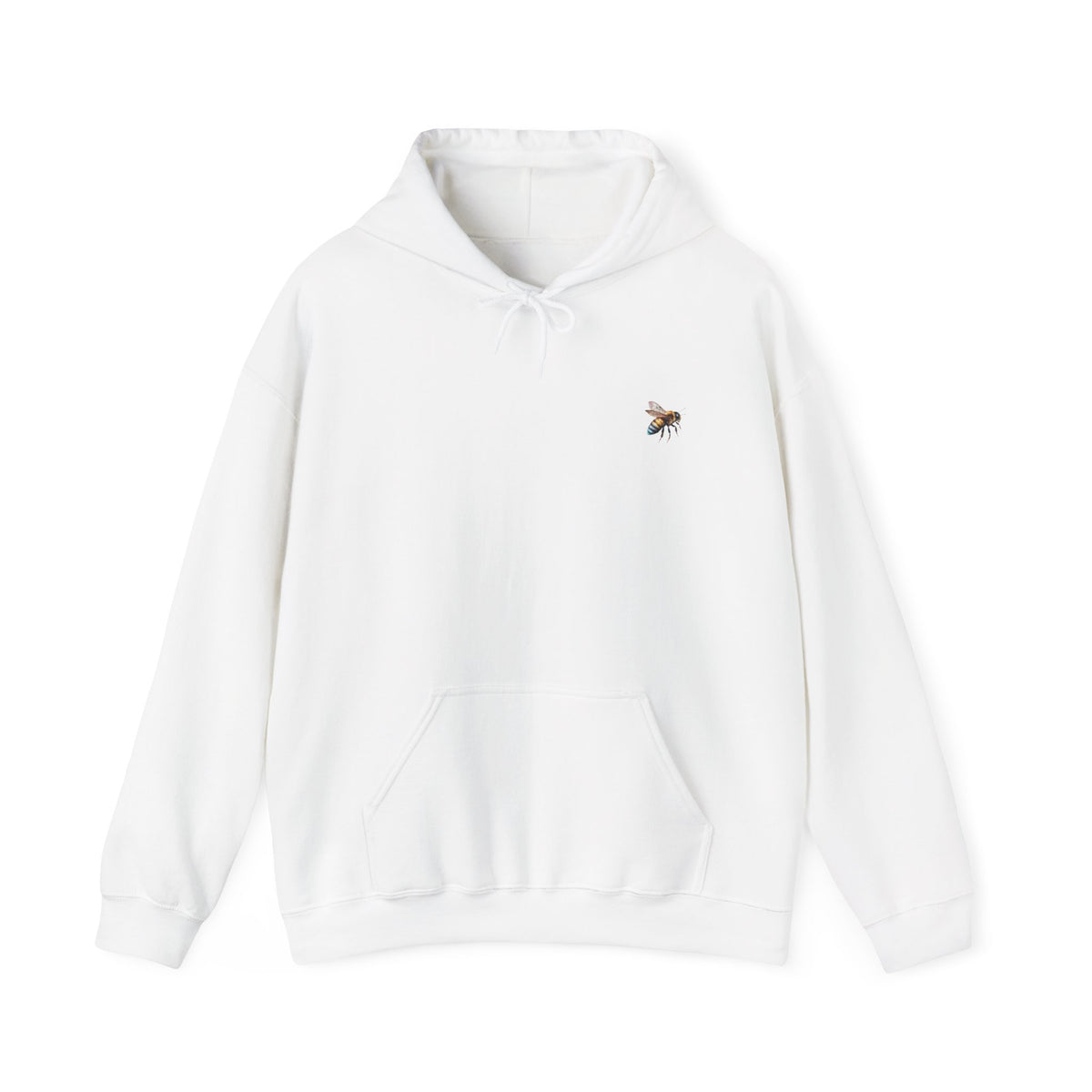 White hoodie with bee graphics on a white background
