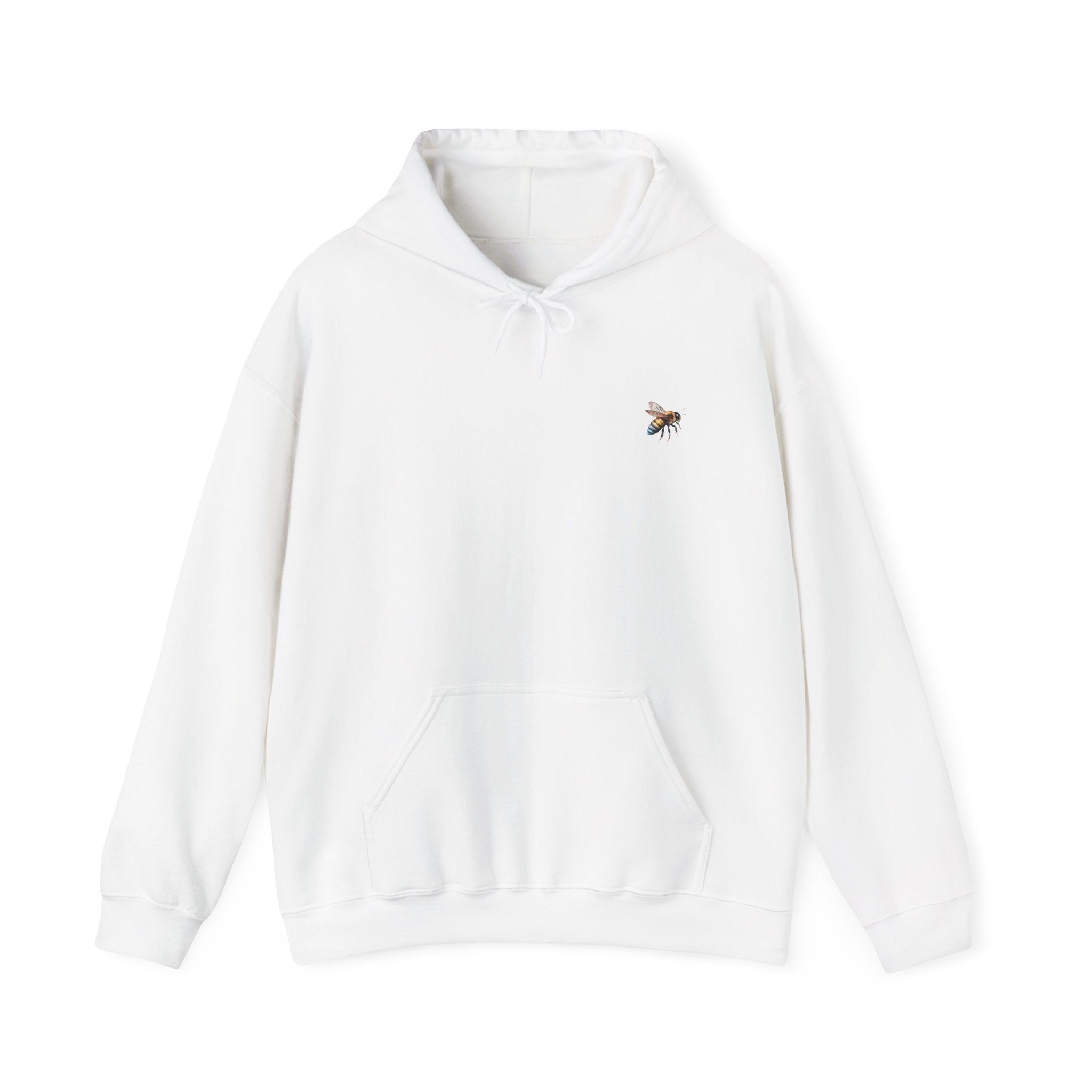 White hoodie with bee graphics on a white background