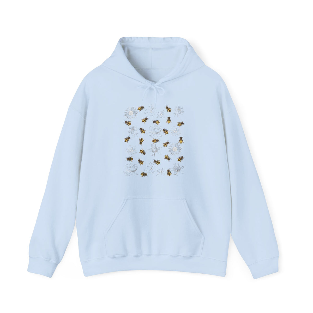 Light blue hoodie with bee design on a white background