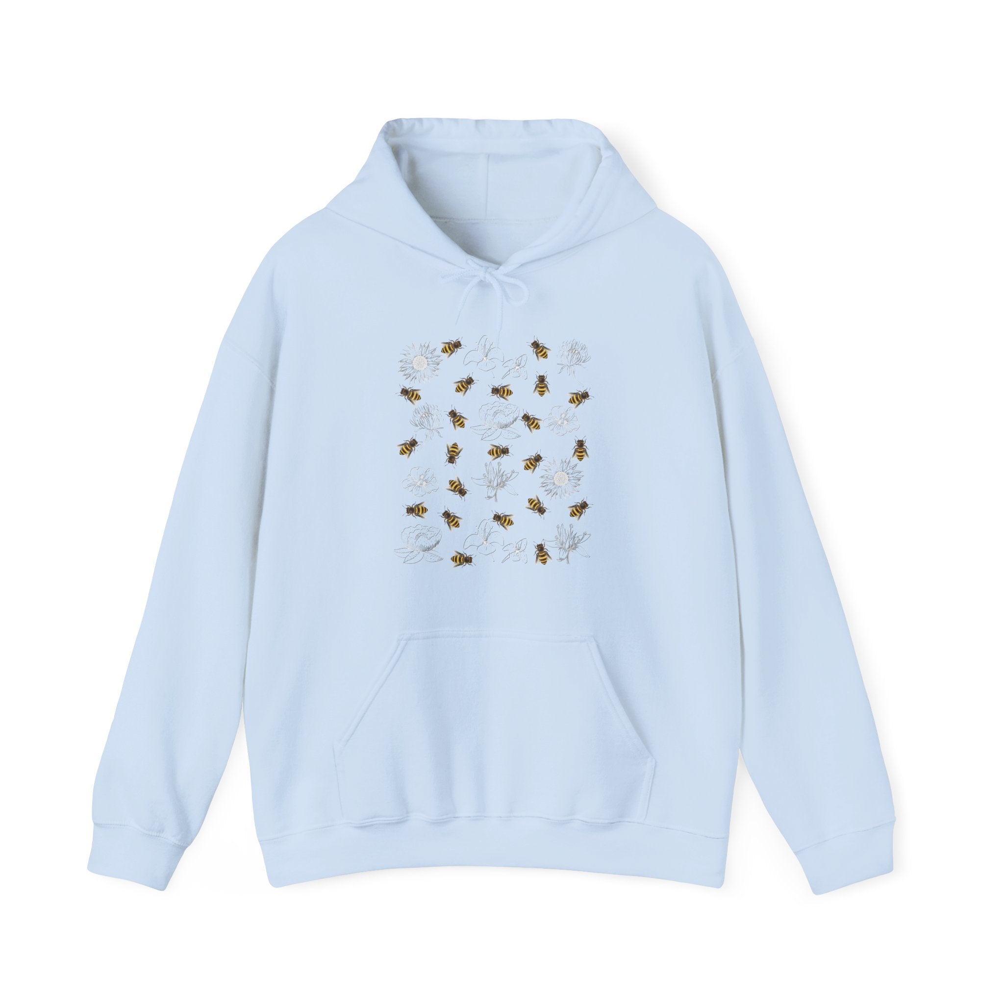 Light blue hoodie with bee design on a white background
