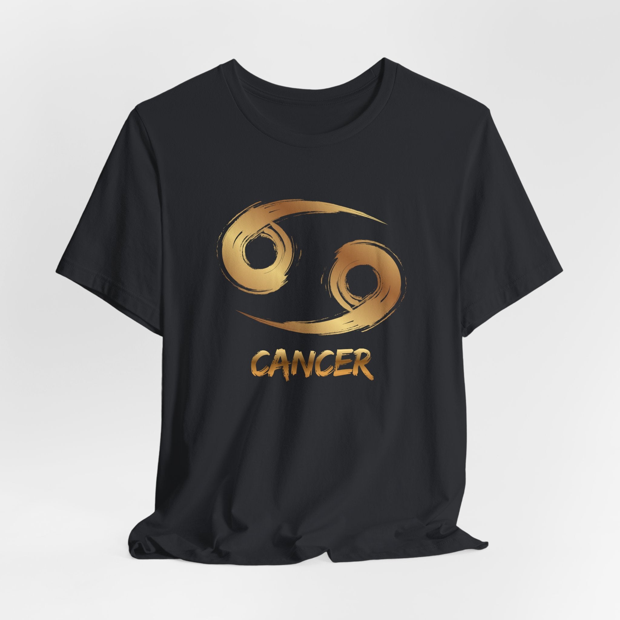 Black t-shirt with gold Cancer zodiac symbol on a white background
