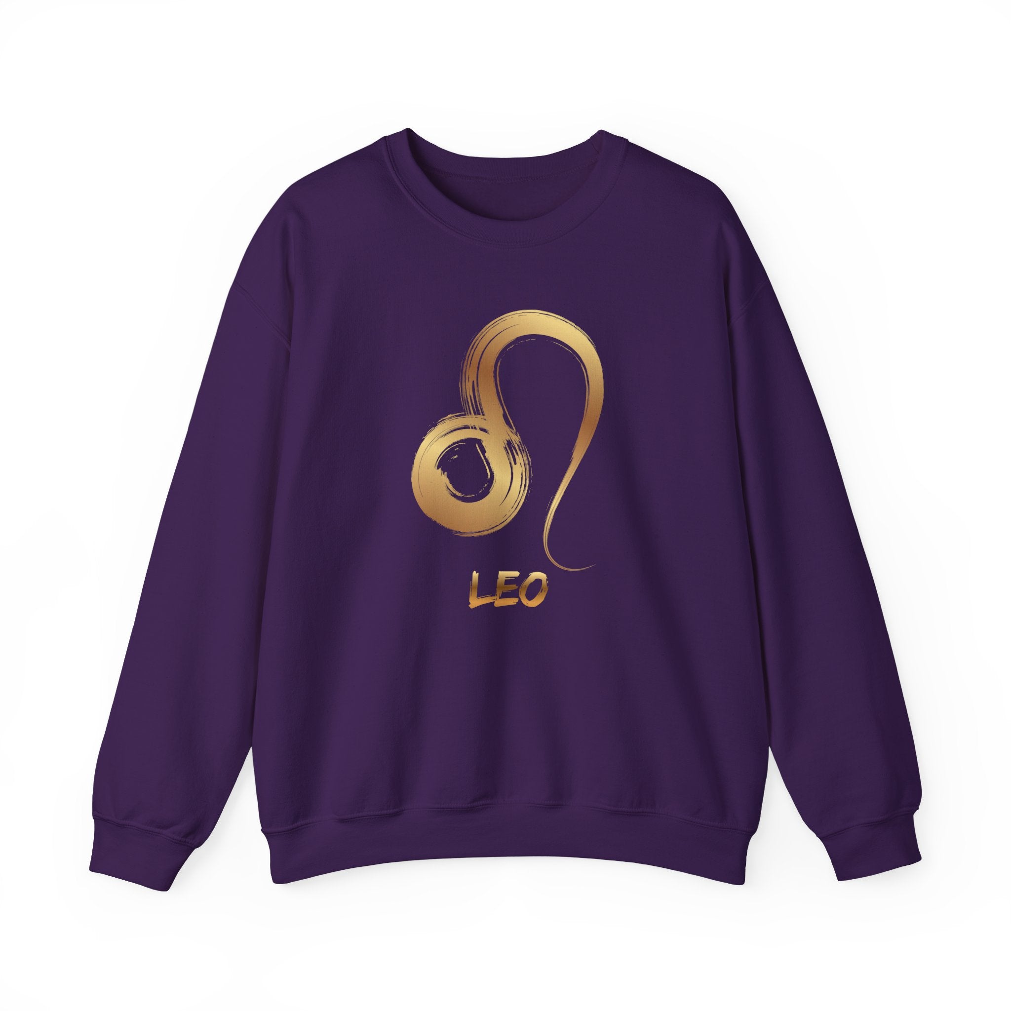 Purple sweatshirt with a gold Leo zodiac symbol on a white background
