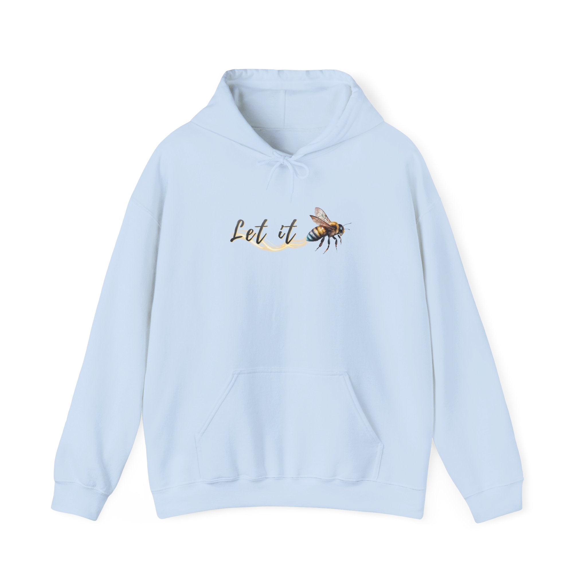 Light blue hoodie with bee and text design on a white background