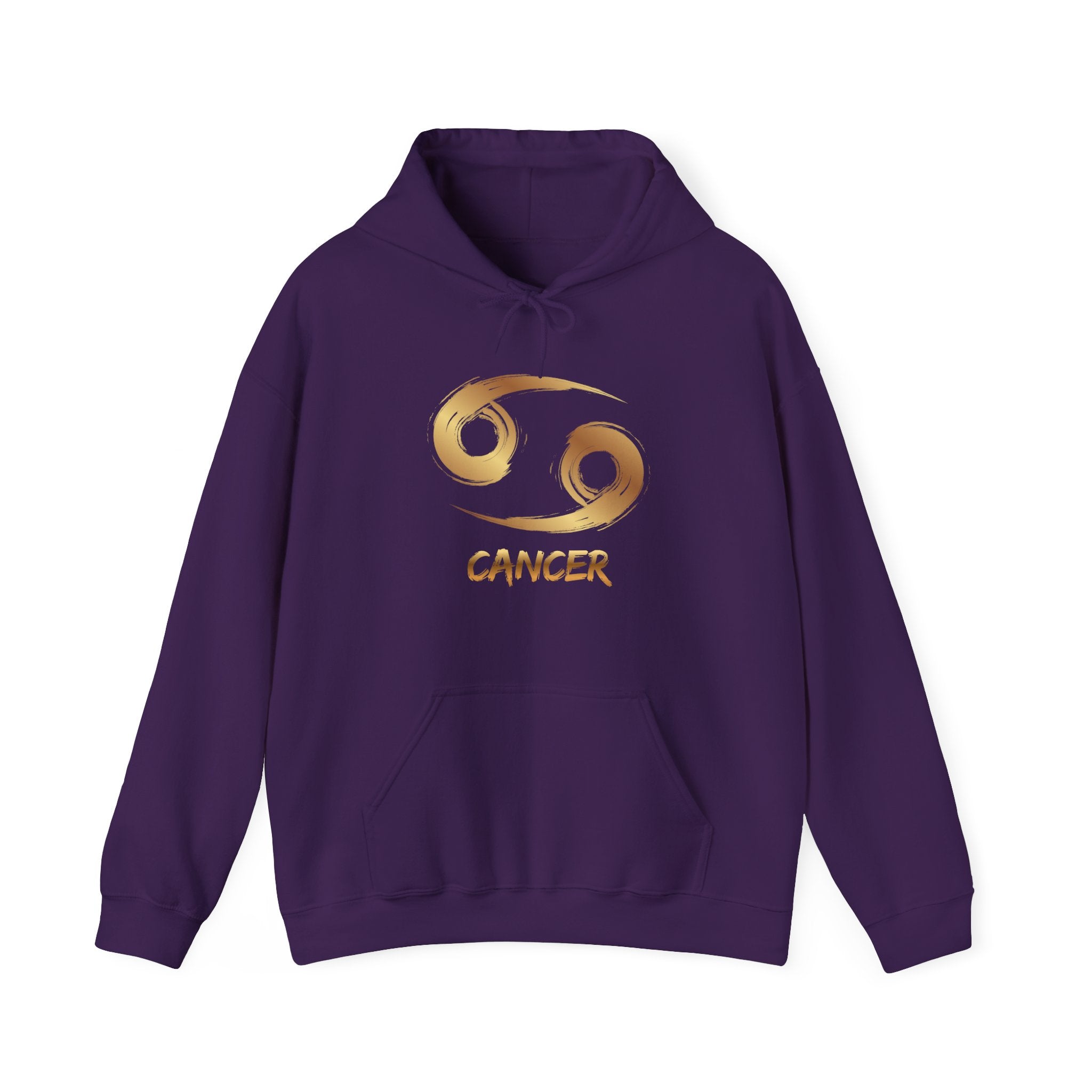 Purple hoodie with gold Cancer zodiac symbol on a white background