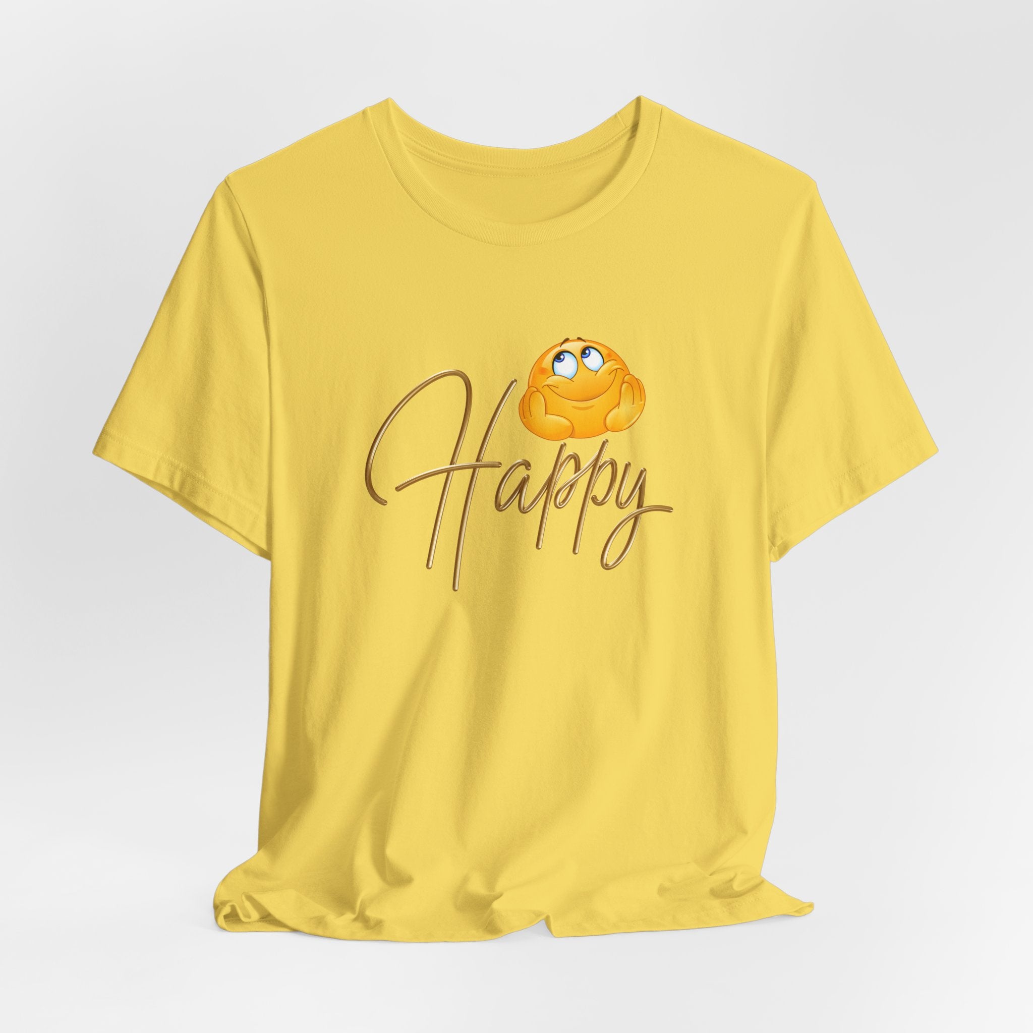 Yellow t-shirt with a cartoon character and 'Happy' text on a light gray background