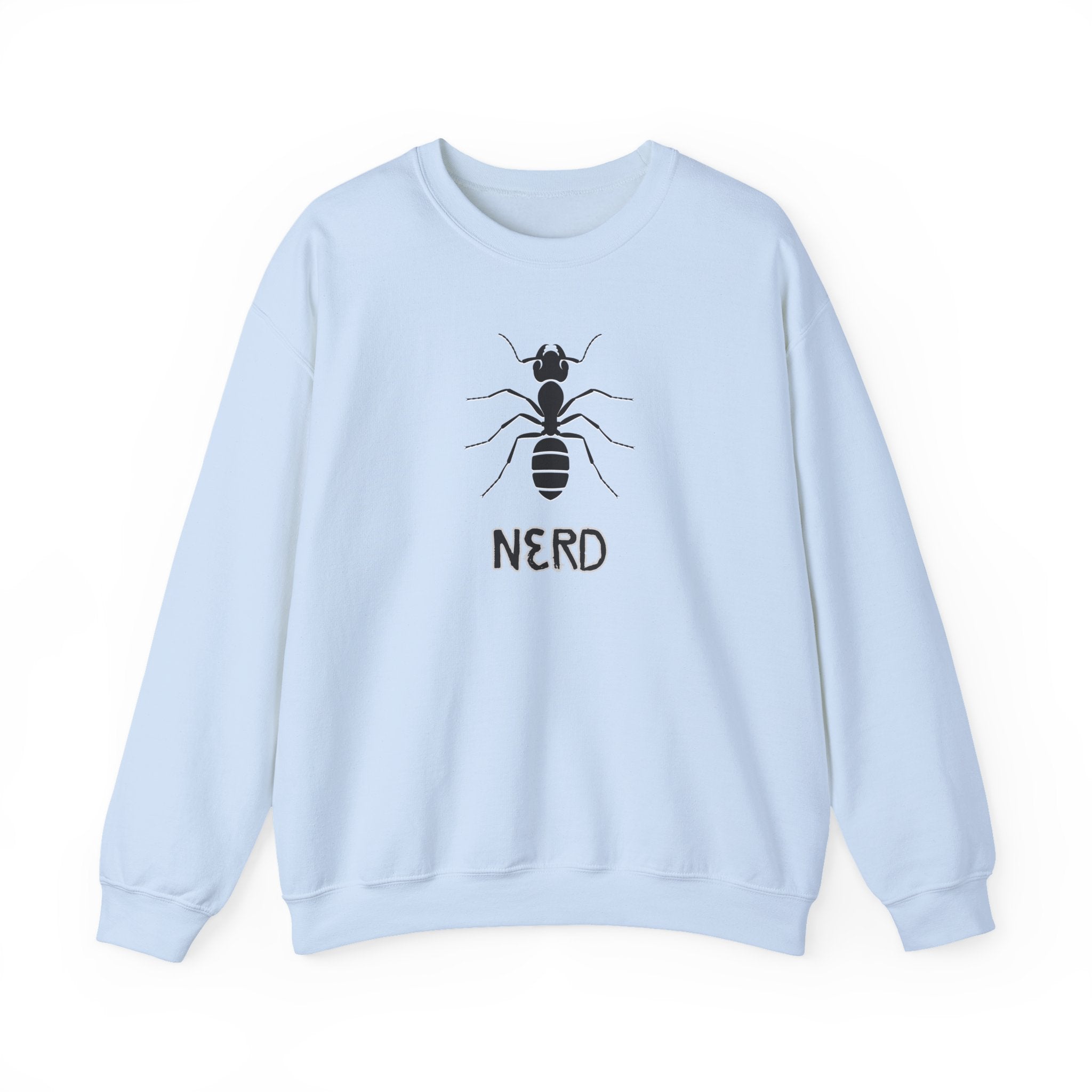 Light blue sweatshirt with ant graphic and 'NERD' text on a white background