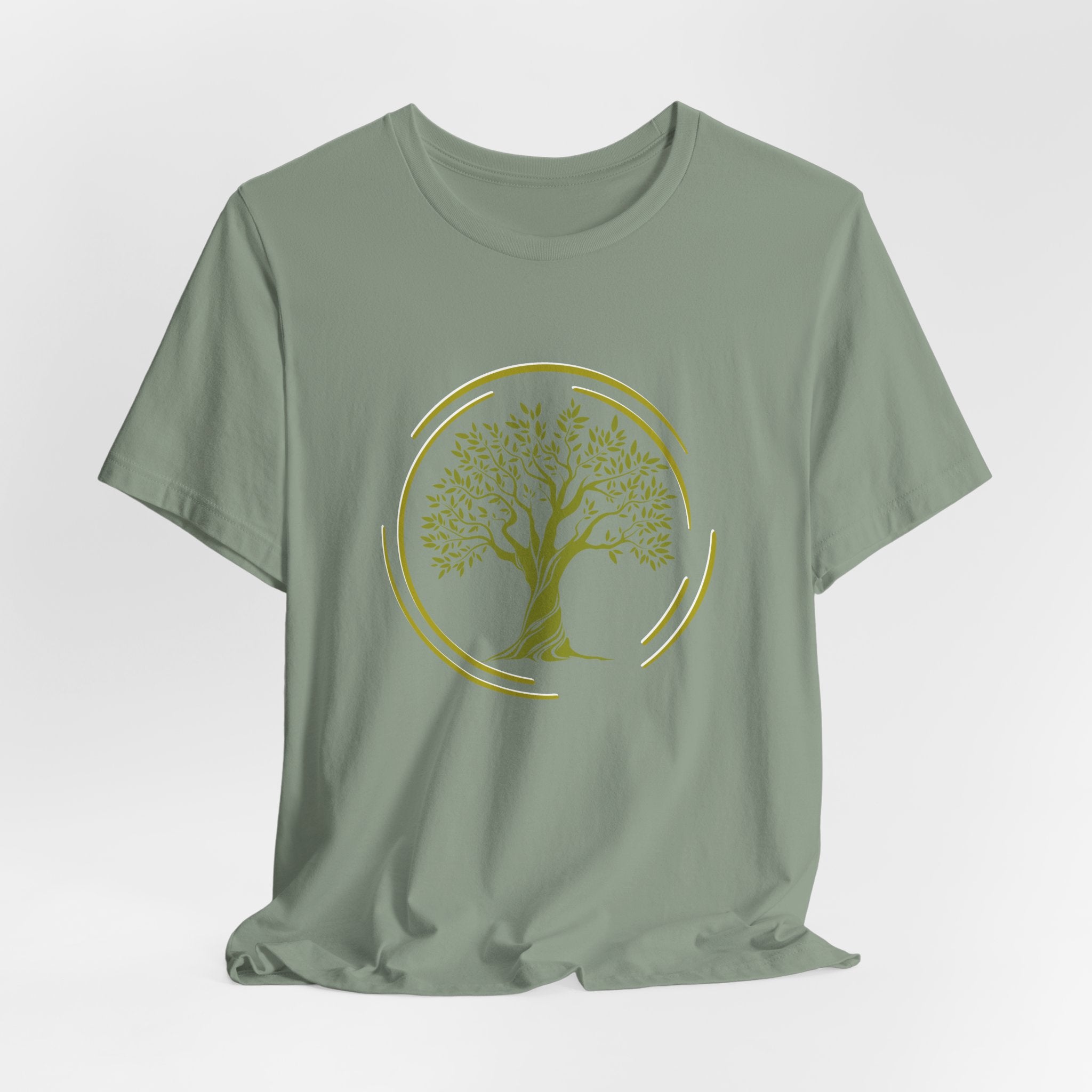 Green t-shirt with a gold tree design on a white background