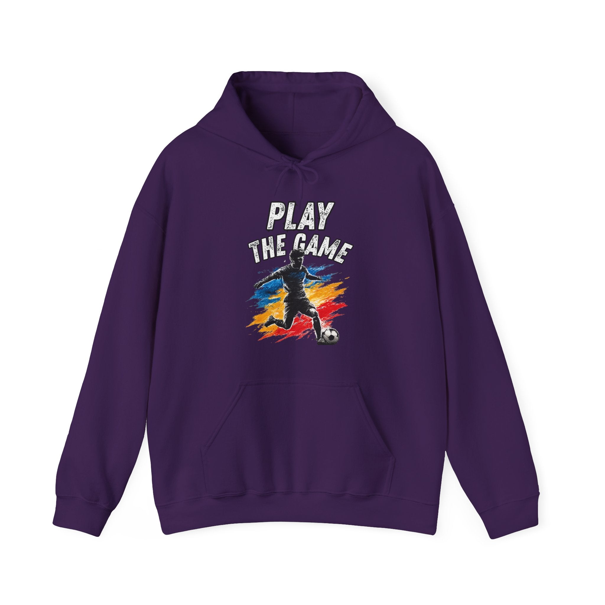 Purple hoodie featuring a graphic print on the front with the text 'PLAY THE GAME' above a stylized soccer player silhouette over a red, yellow, and blue paint-splatter background.