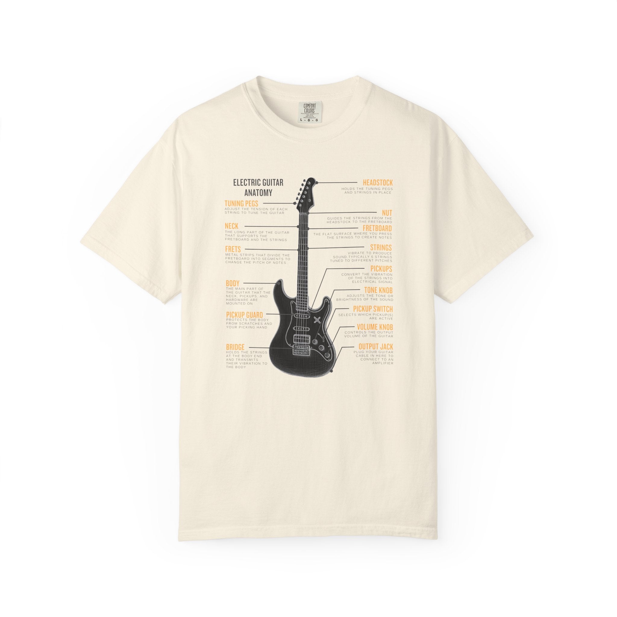 Beige  t-shirt with electric guitar graphic and texts on a white background