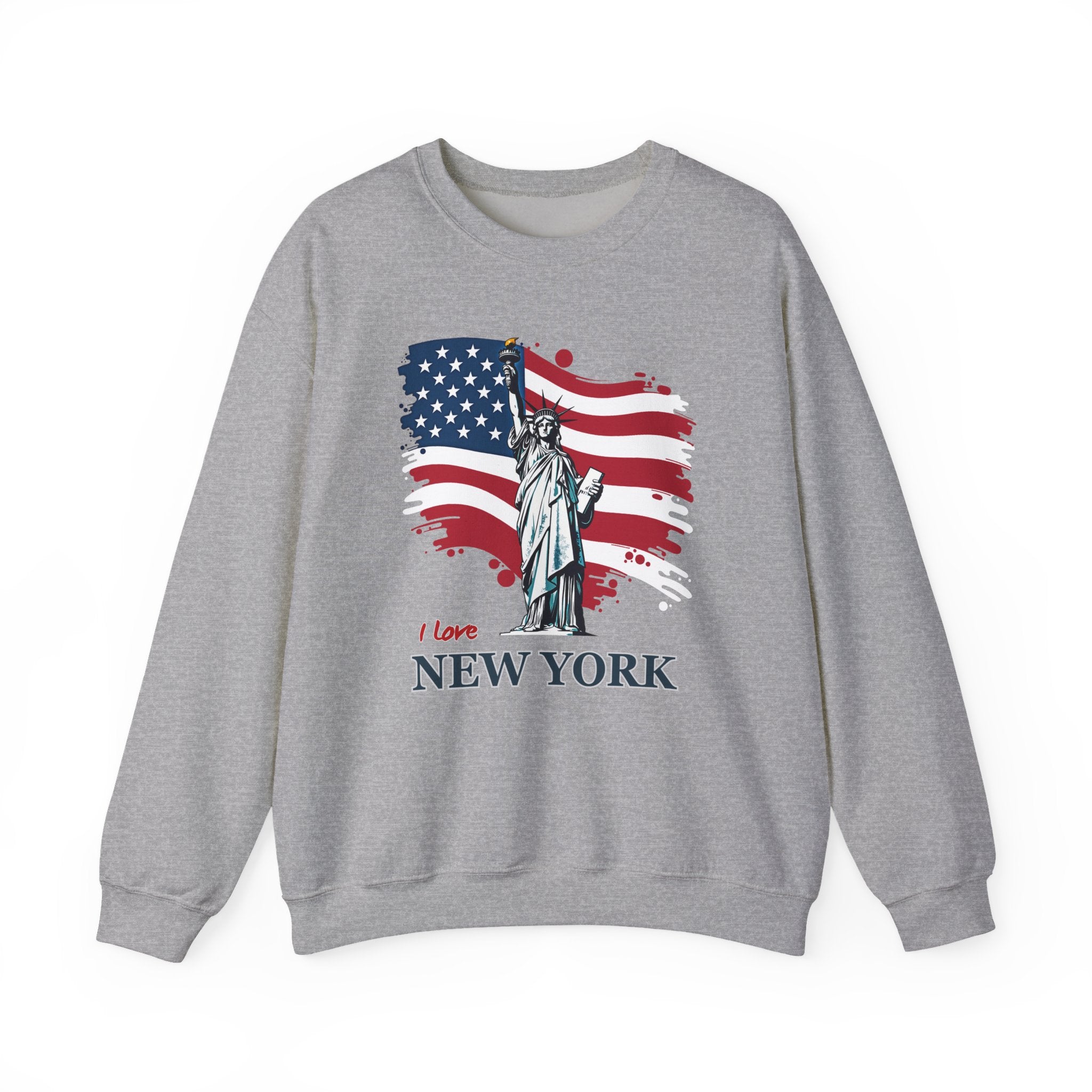 Gray sweatshirt with Statue of Liberty and American flag design on a white background