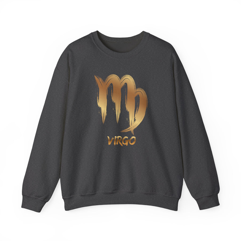 Dark gray sweatshirt with gold Virgo zodiac sign design on a white background
