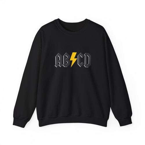 Black sweatshirt with AB/CD logo with lightning graphic on a white background