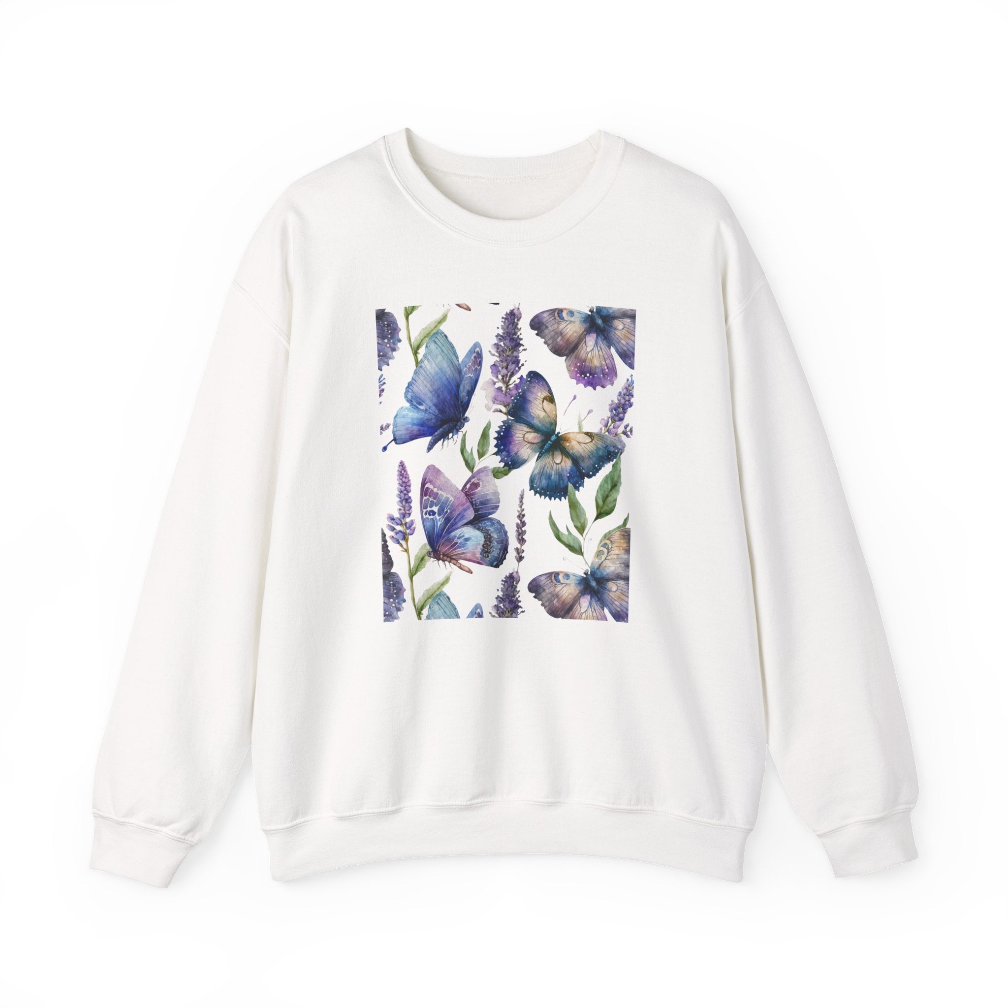 White sweatshirt with butterfly and floral design on a white background