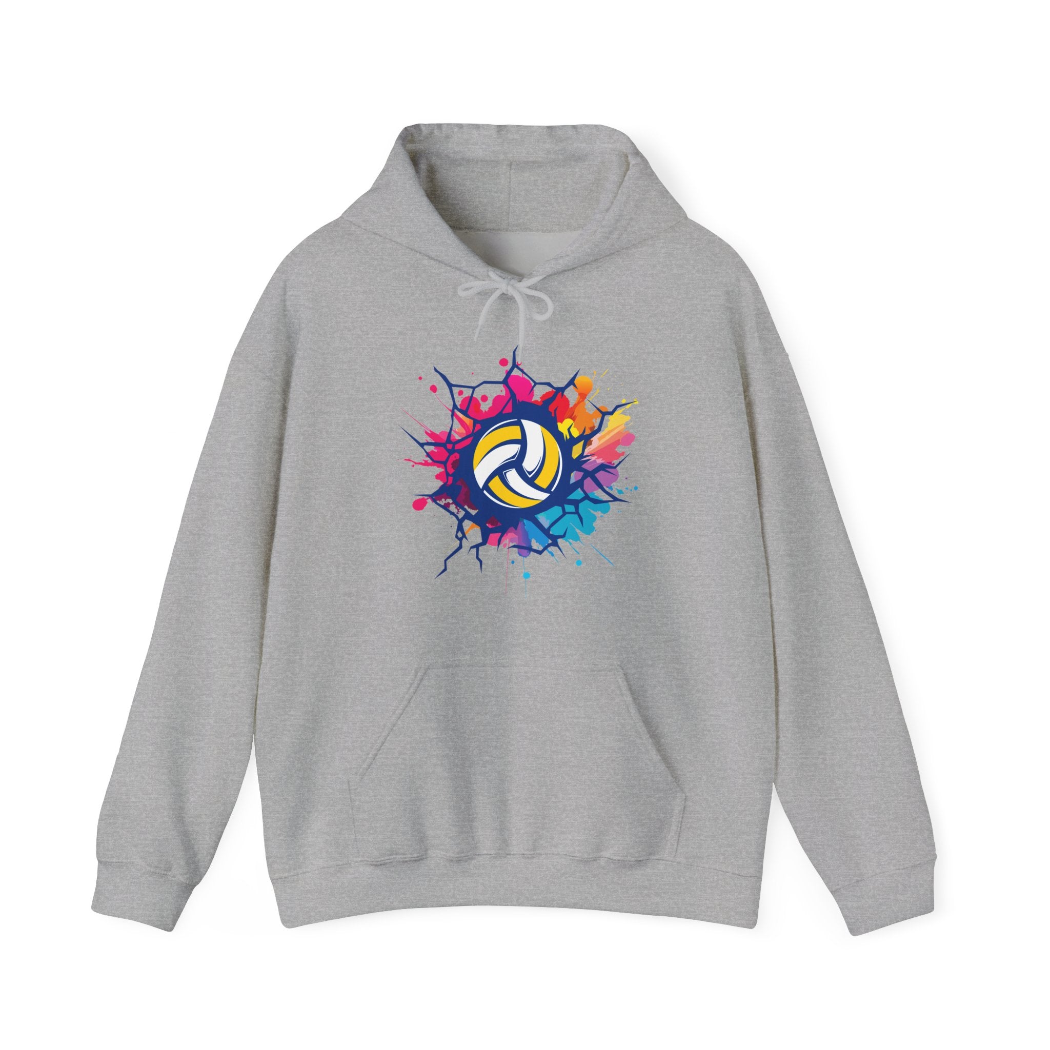 Gray hoodie with a colorful volleyball design on a white background