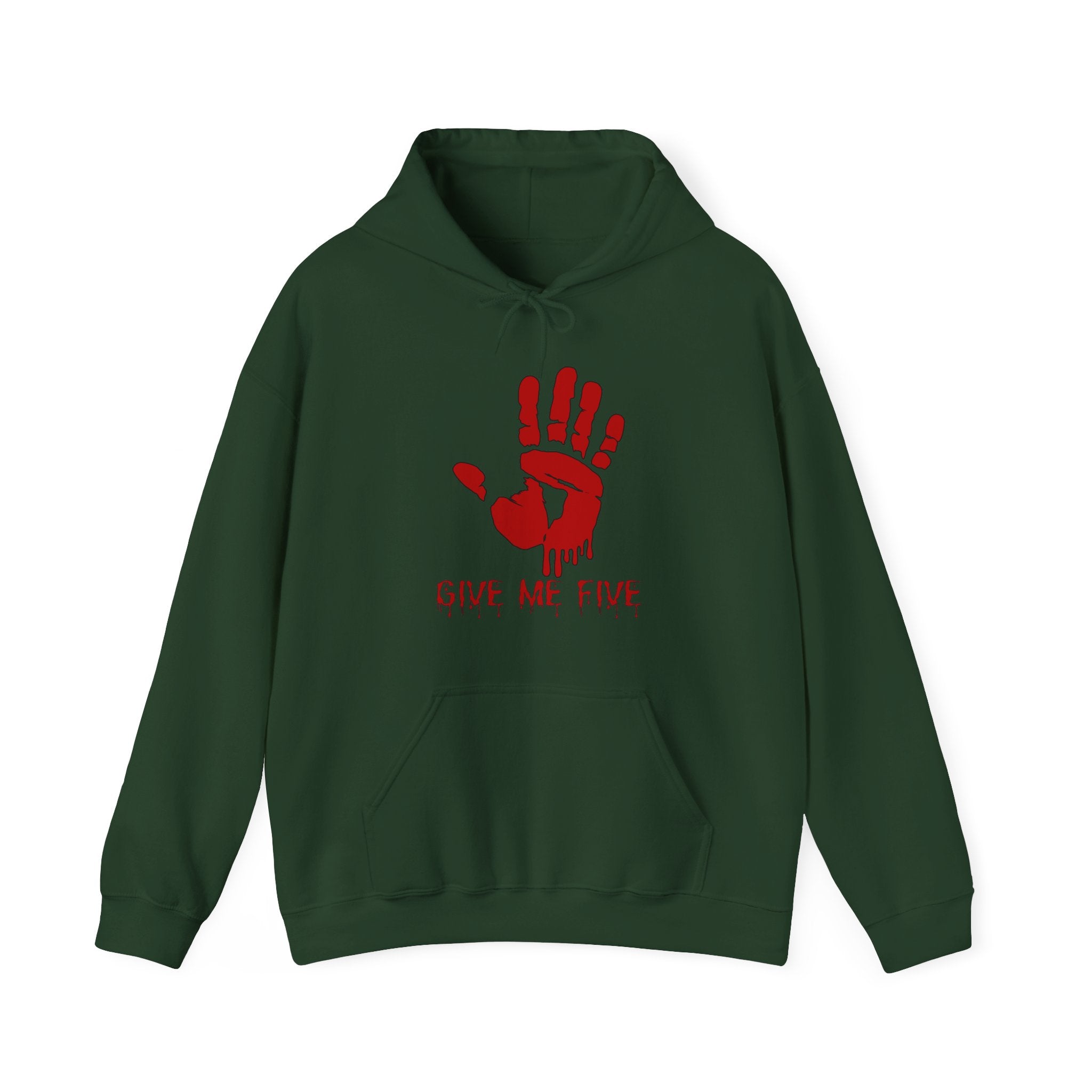 Green hoodie with red hand and text "Give Me Five" on a white background