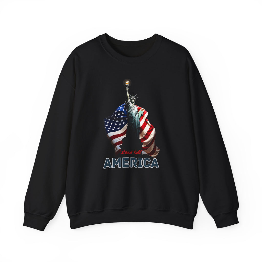 Black sweatshirt with Statue of Liberty and American flag design on a white background
