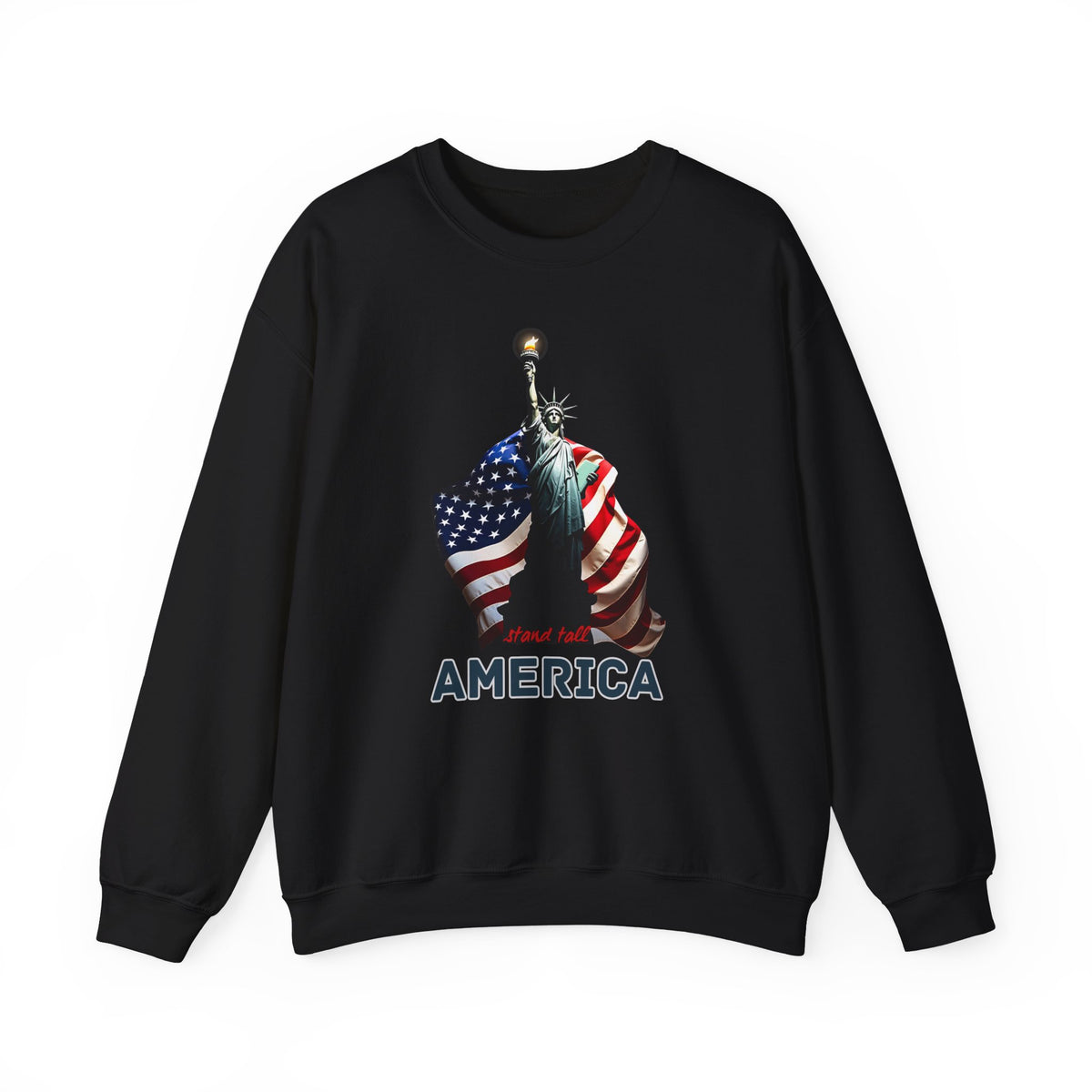 Black sweatshirt with Statue of Liberty and American flag design on a white background