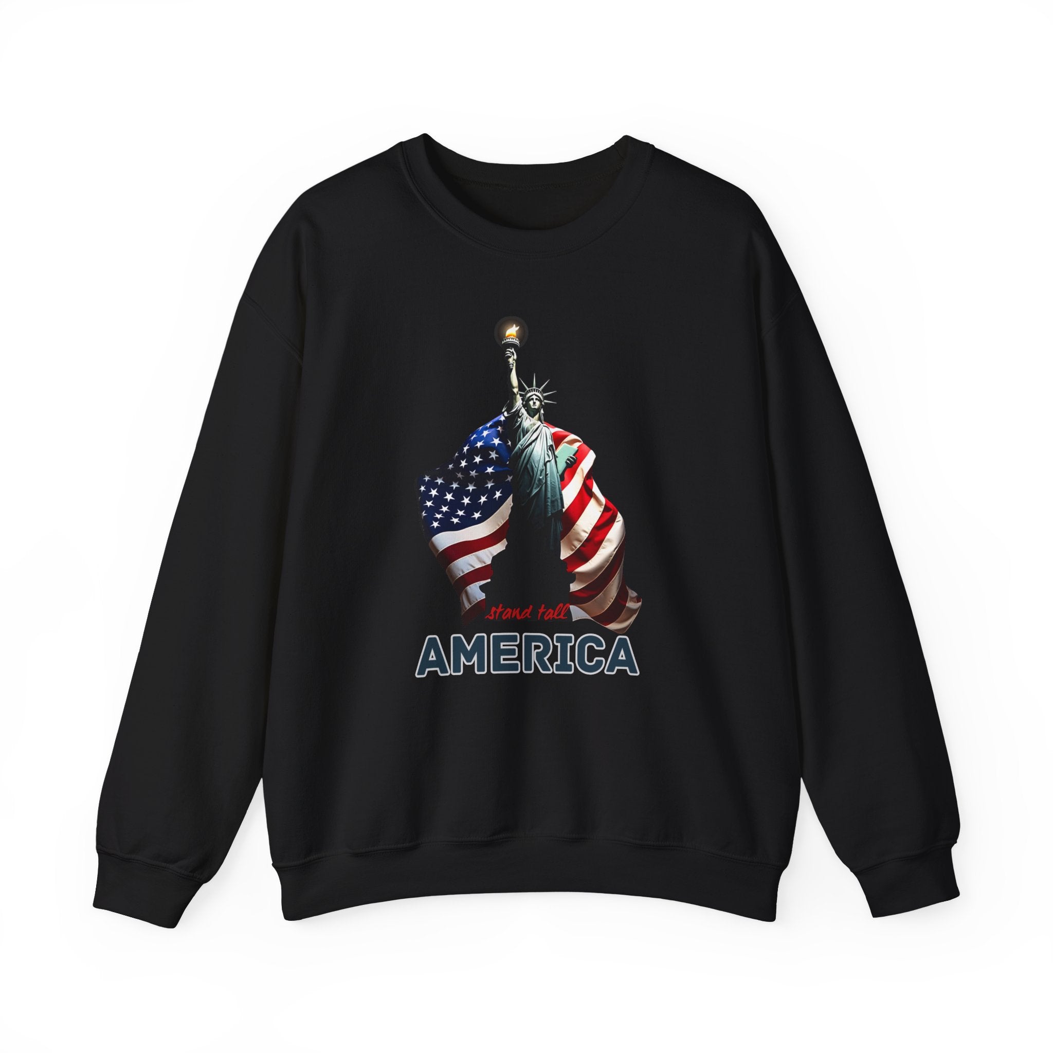 Black sweatshirt with Statue of Liberty and American flag design on a white background