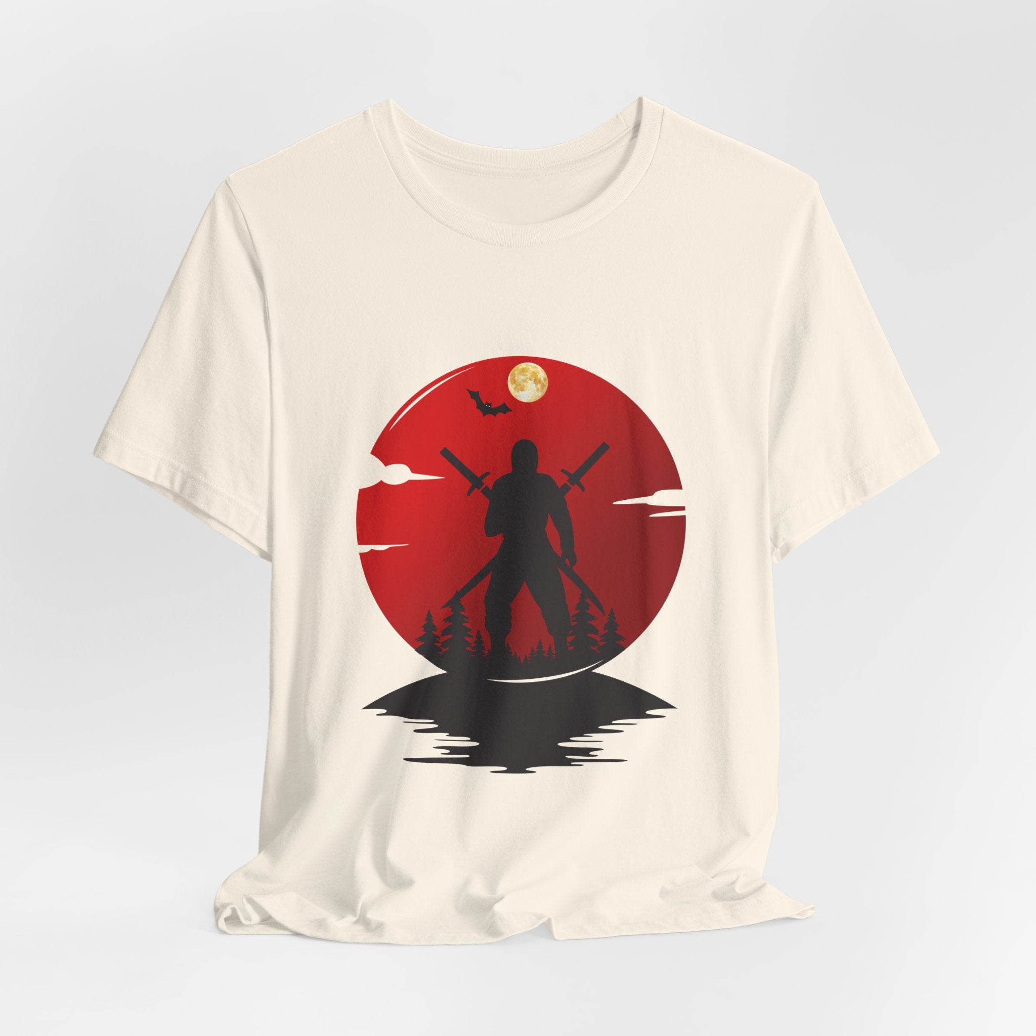 White t-shirt with a red circular design featuring a silhouette of a person holding a sword on a light gray background